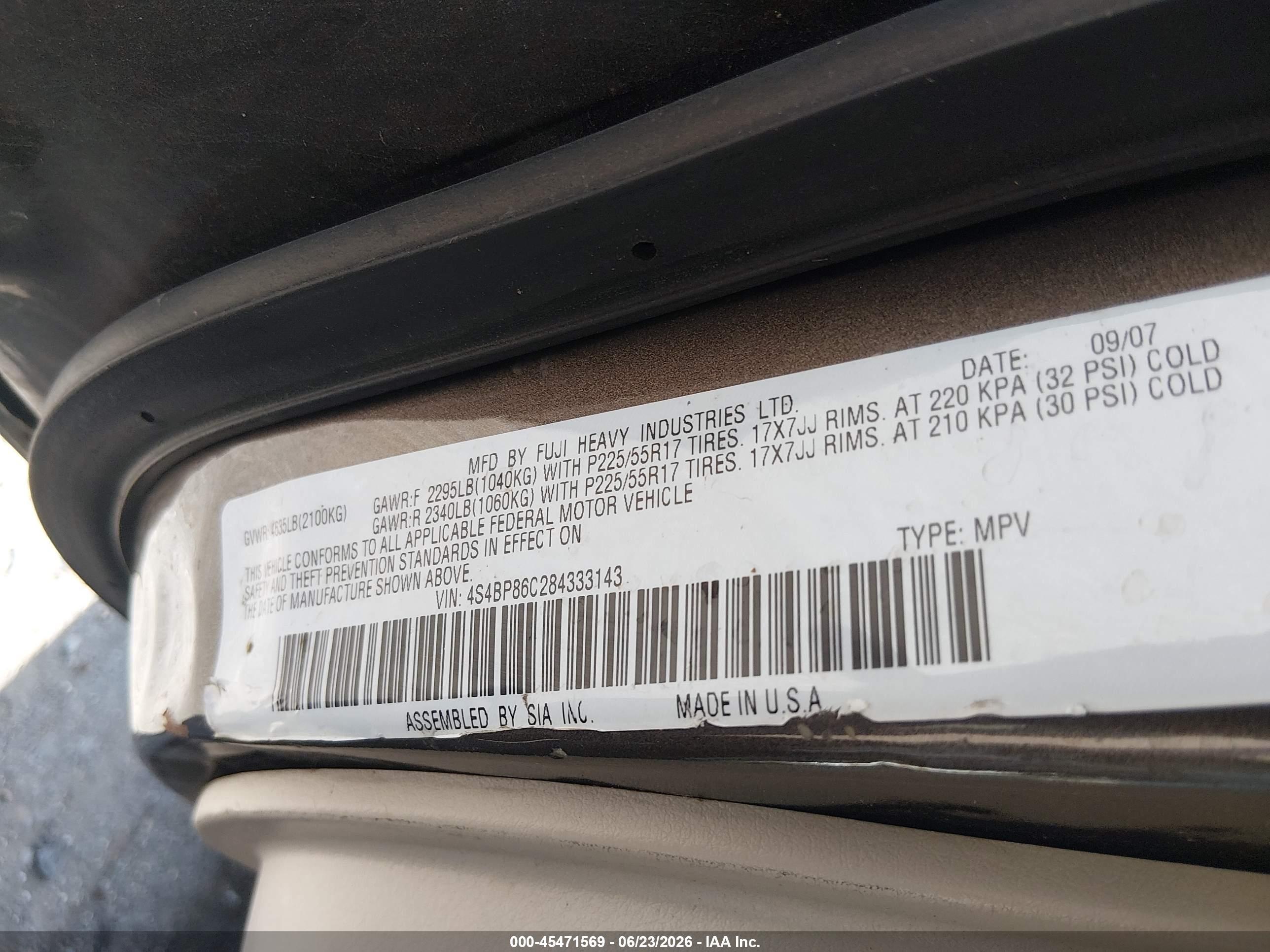 2008 Subaru Outback (natl) 3.0r Ll Bean/3.0r Ll Bean W/nav Brown vin: 4S4BP86C284333143