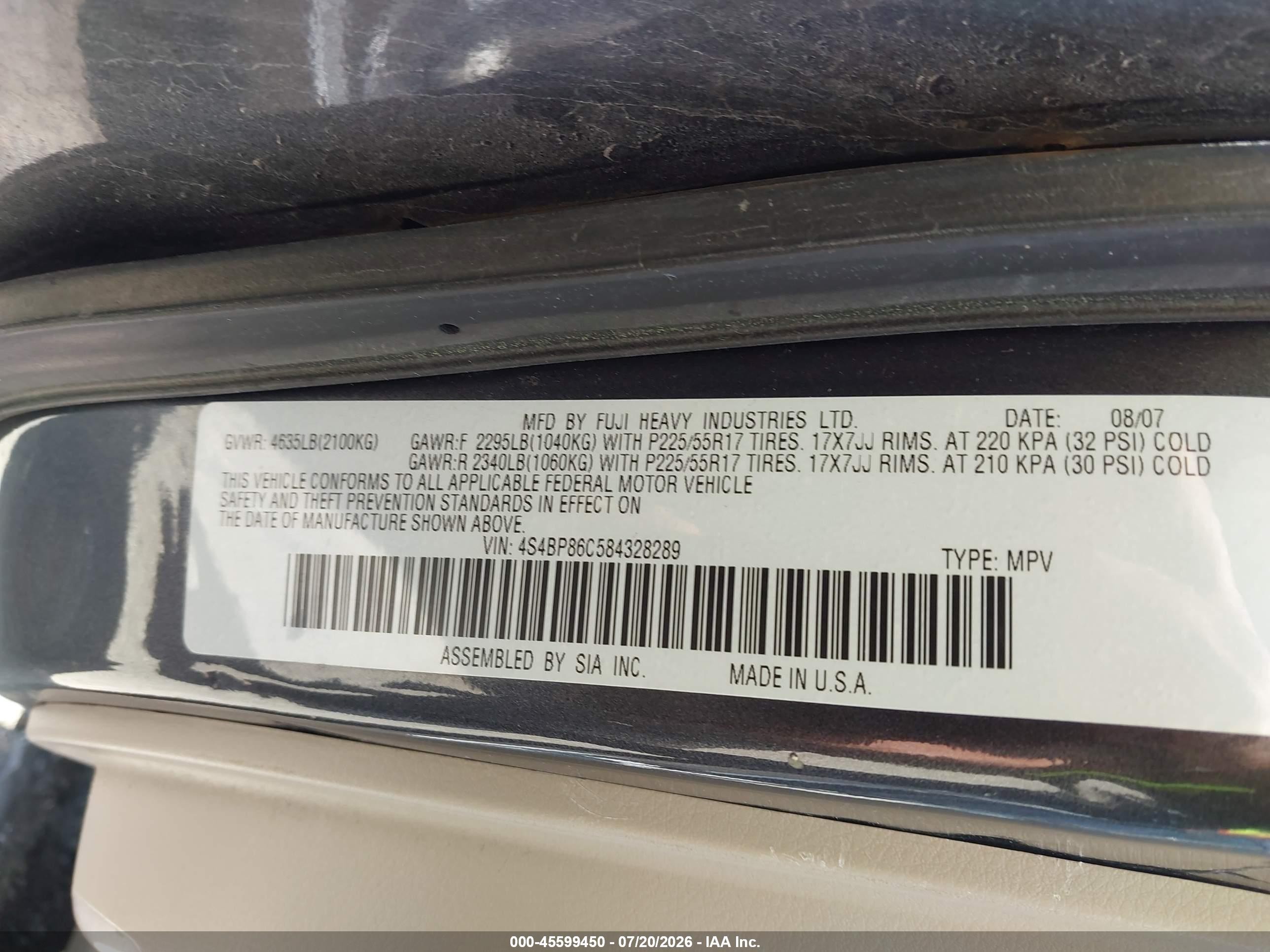 2008 Subaru Outback (natl) 3.0r Ll Bean/3.0r Ll Bean W/nav Gray vin: 4S4BP86C584328289