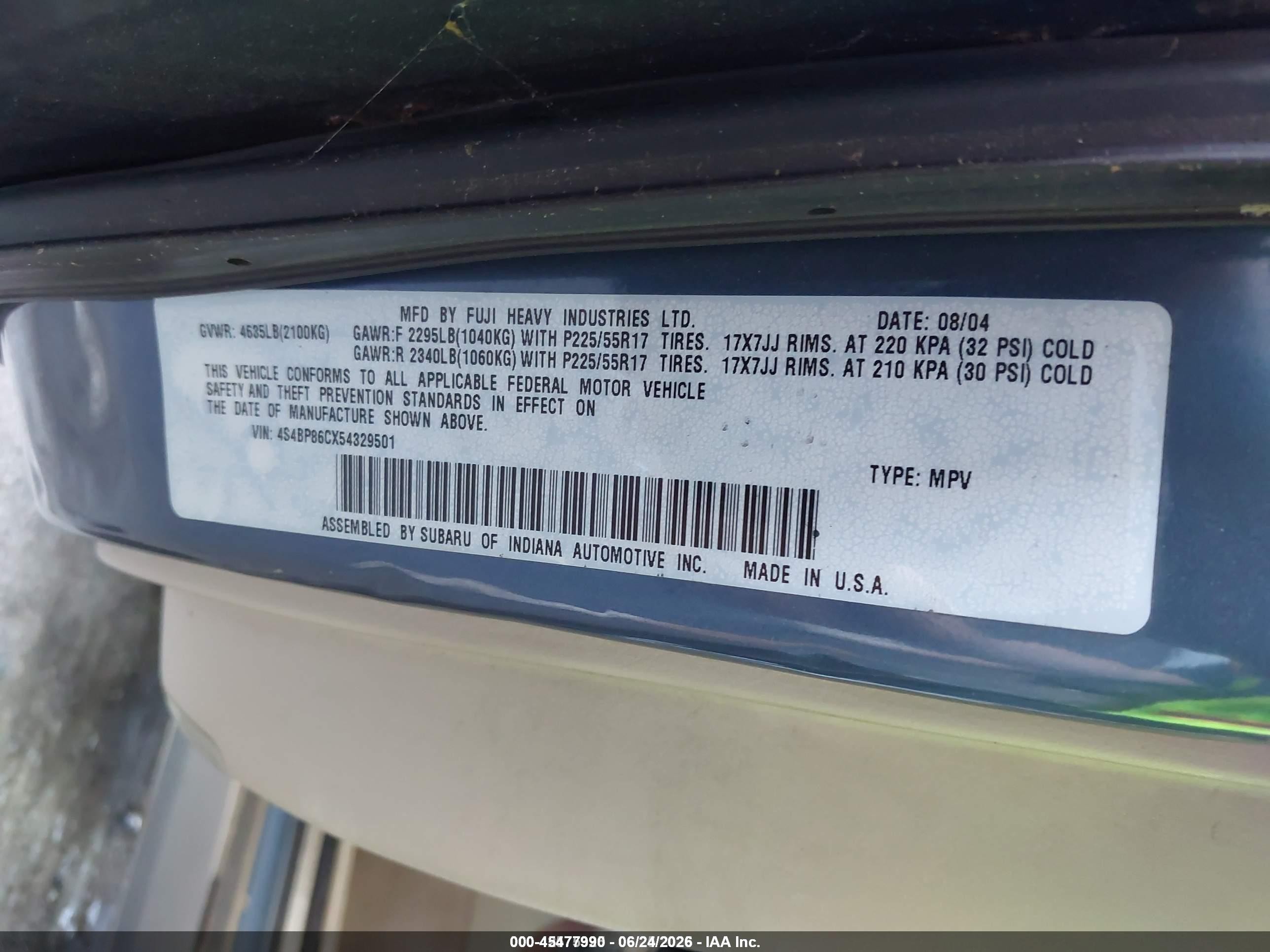 2005 Subaru Outback 3.0r L.l. Bean Edition Blue vin: 4S4BP86CX54329501