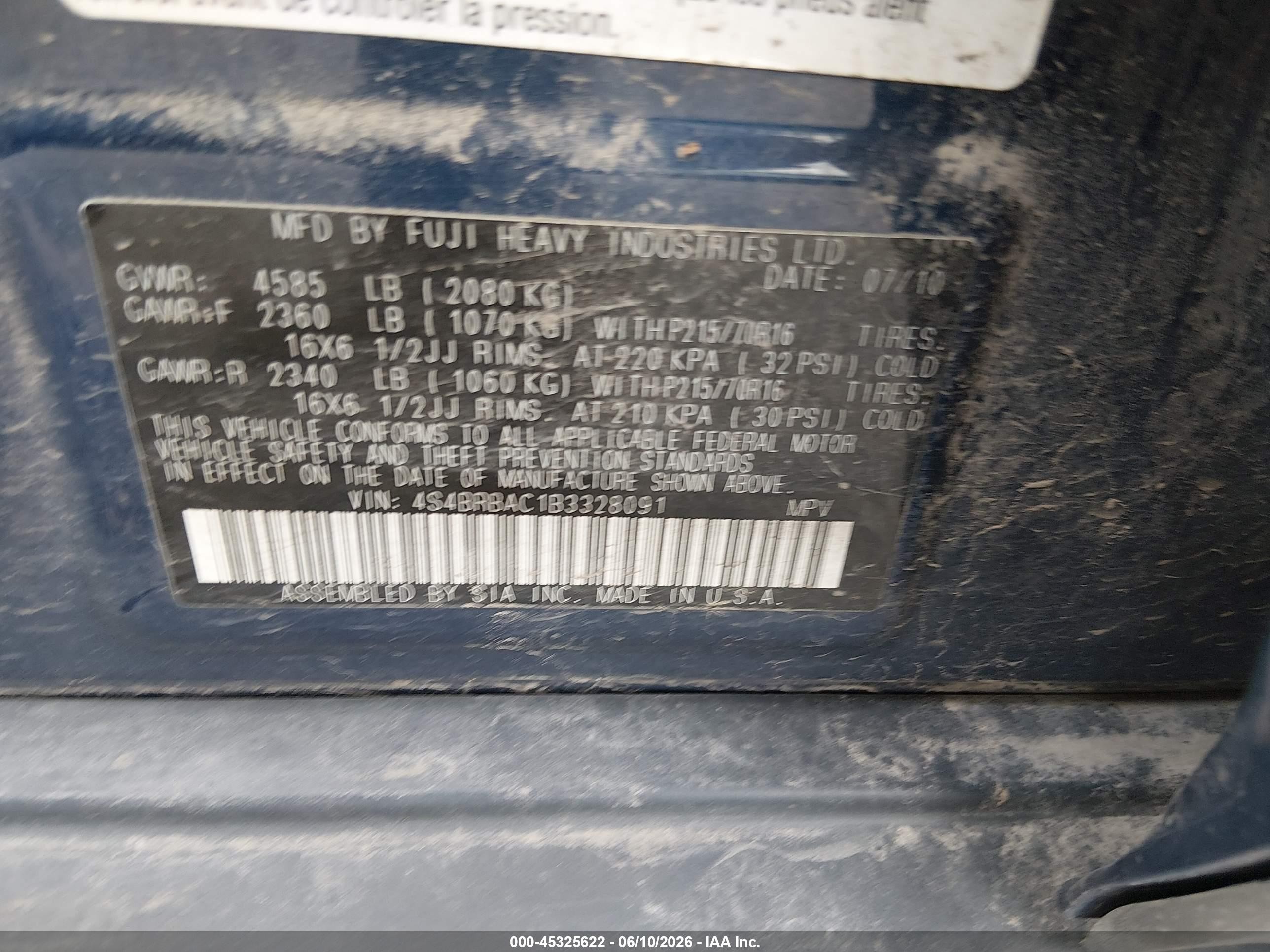 2011 Subaru Outback 2.5i Blue vin: 4S4BRBAC1B3328091
