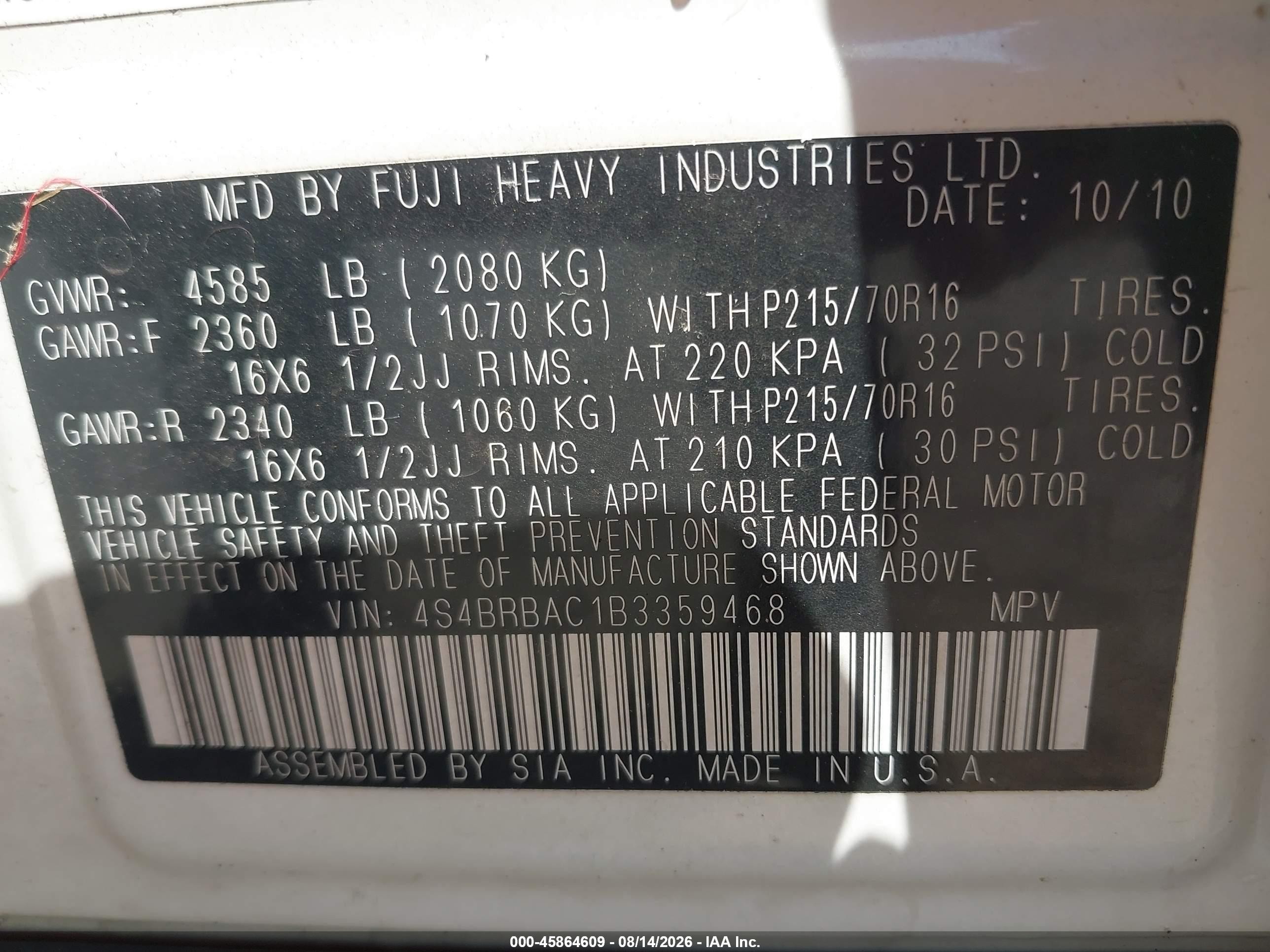 2011 Subaru Outback 2.5i White vin: 4S4BRBAC1B3359468