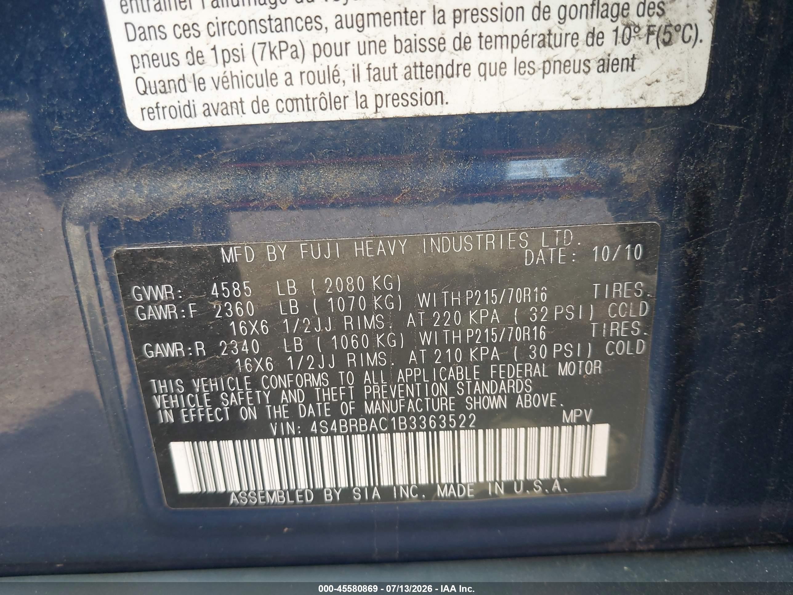 2011 Subaru Outback 2.5i Blue vin: 4S4BRBAC1B3363522