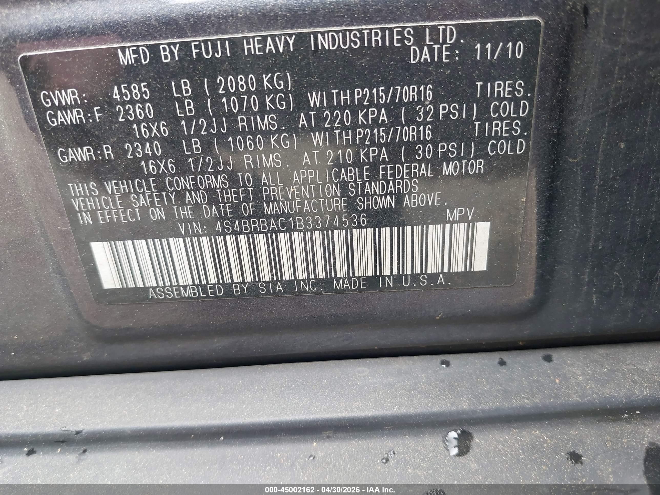 2011 Subaru Outback 2.5i Gray vin: 4S4BRBAC1B3374536