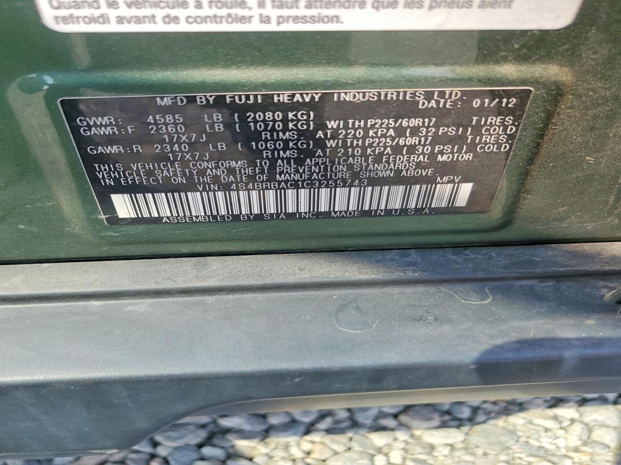 2012 Subaru Outback 2.5i Green vin: 4S4BRBAC1C3255743
