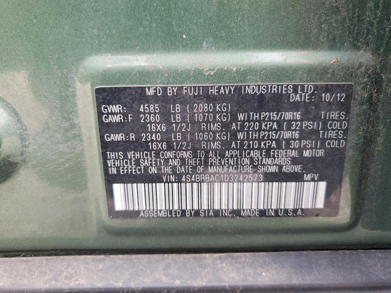 2013 Subaru Outback 2.5i Green vin: 4S4BRBAC1D3242573