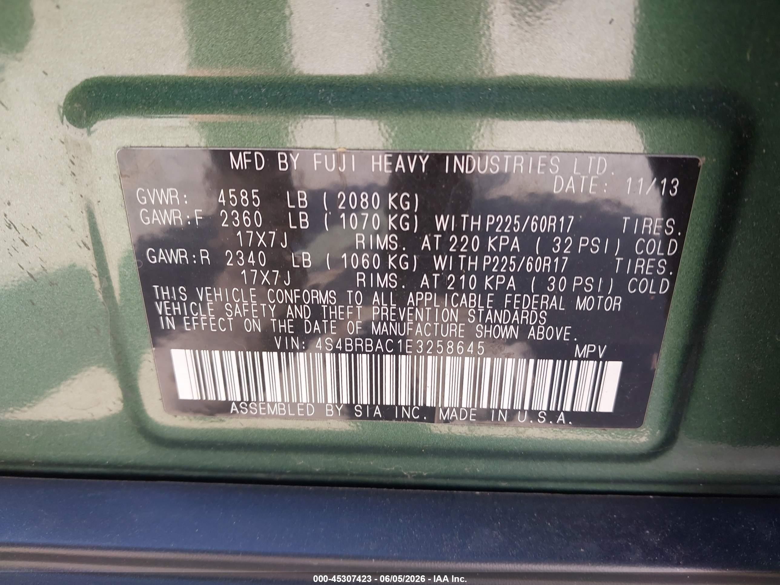 2014 Subaru Outback 2.5i Green vin: 4S4BRBAC1E3258645