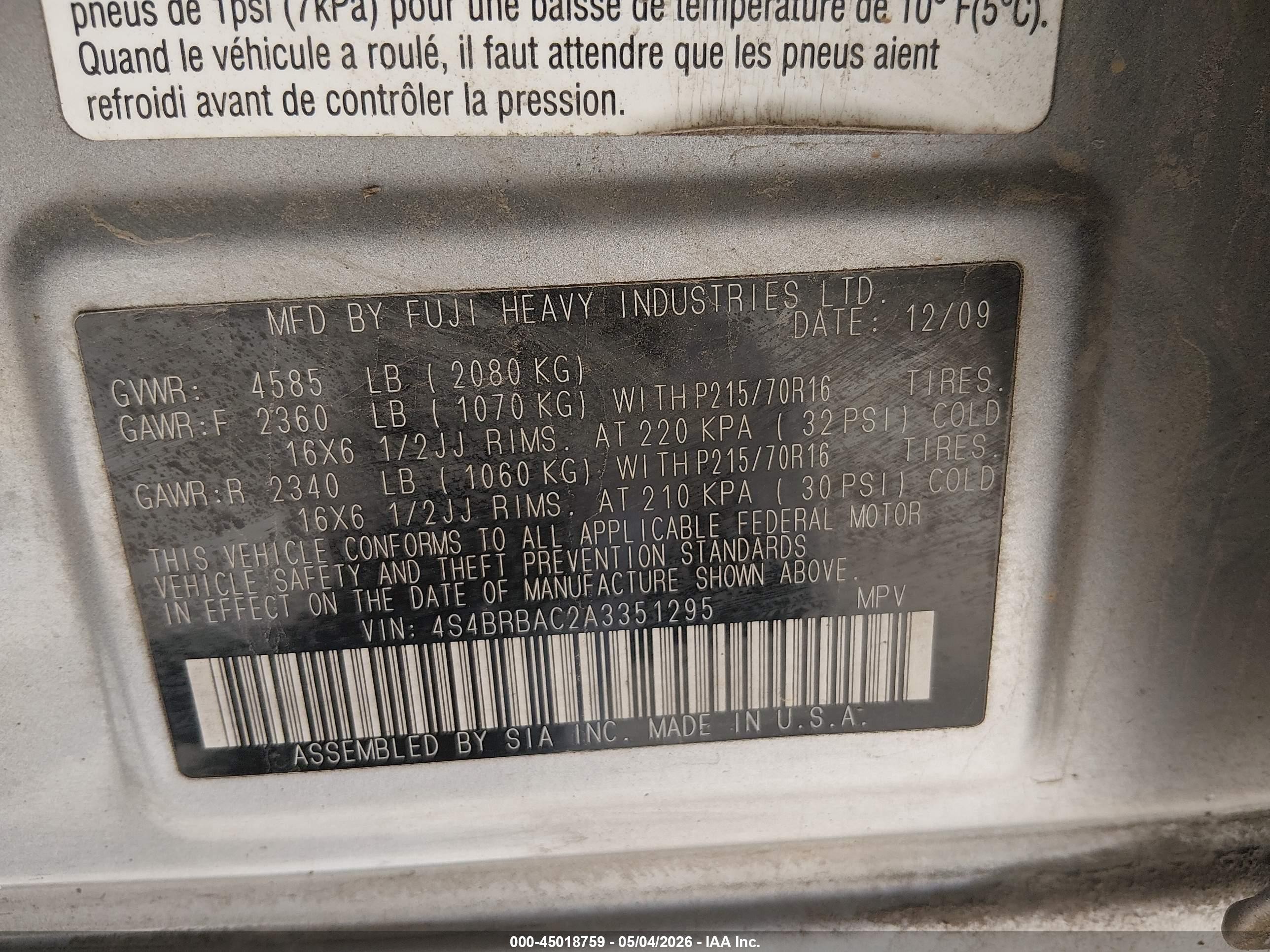 2010 Subaru Outback 2.5i Blue vin: 4S4BRBAC2A3351295