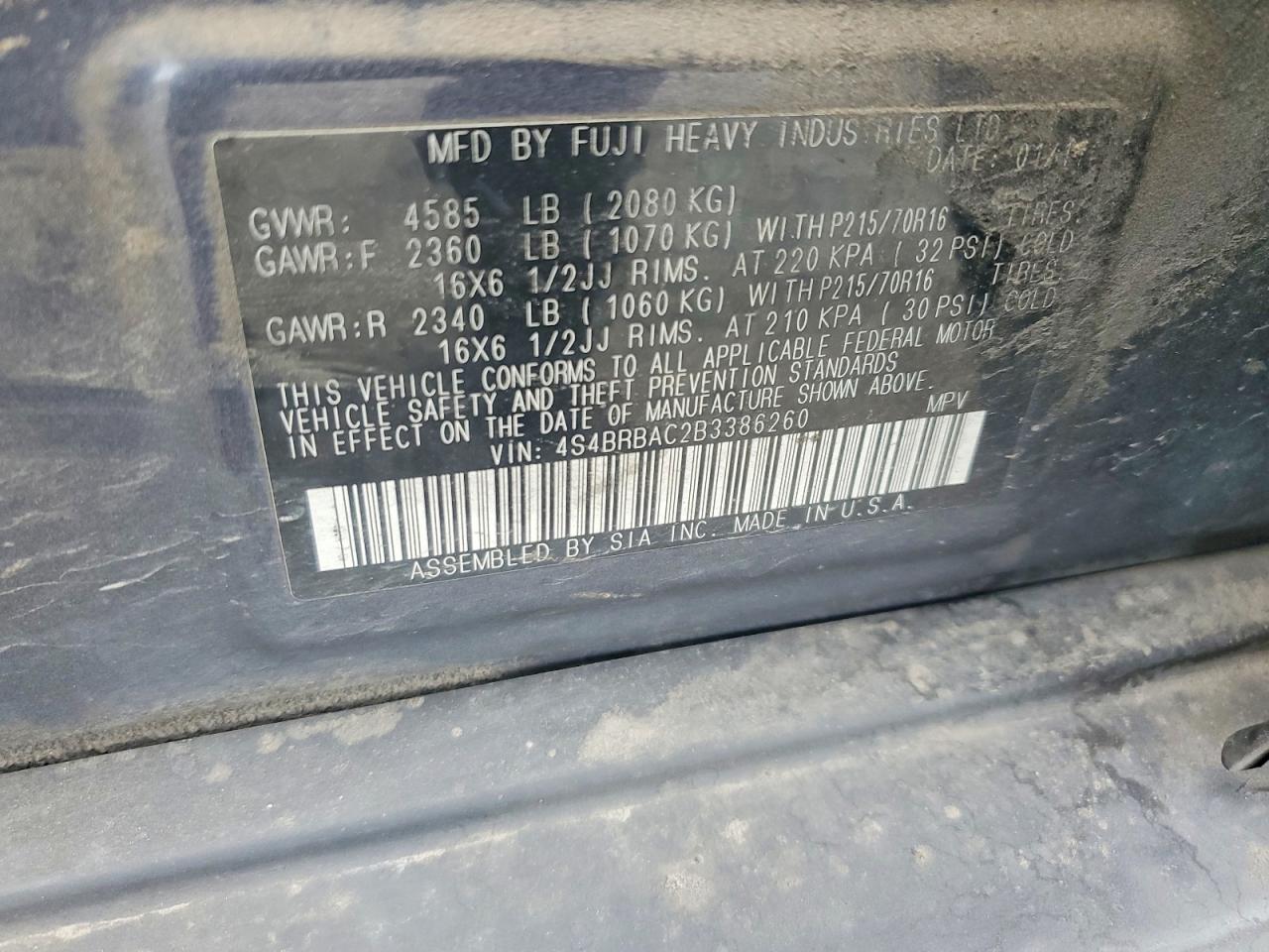 2011 Subaru Outback 2.5i Charcoal vin: 4S4BRBAC2B3386260