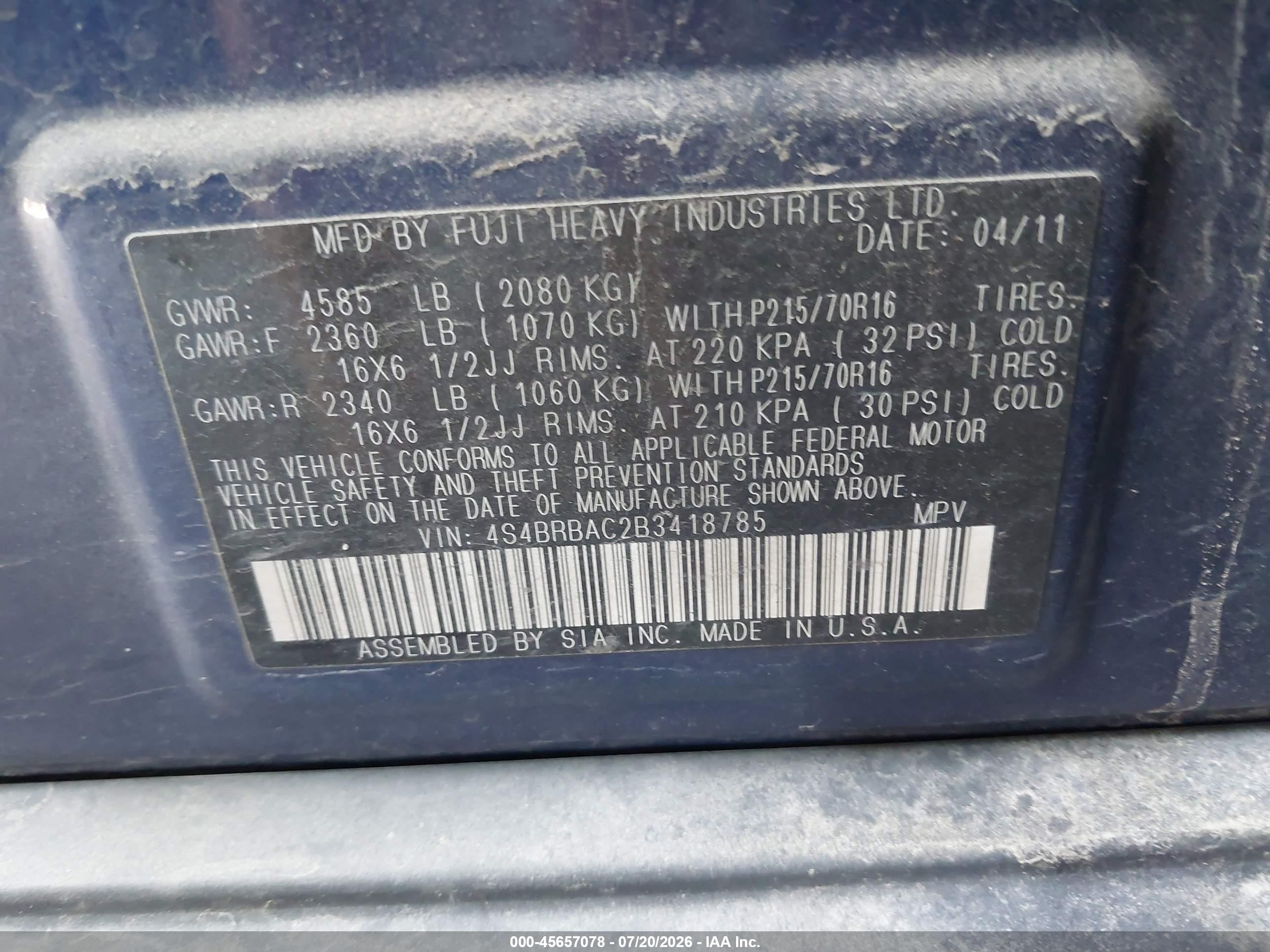 2011 Subaru Outback 2.5i Blue vin: 4S4BRBAC2B3418785