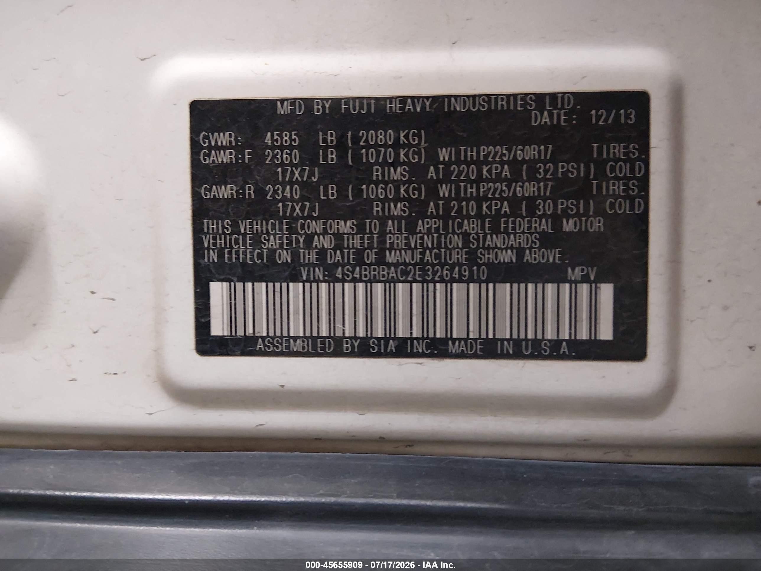 2014 Subaru Outback 2.5i White vin: 4S4BRBAC2E3264910