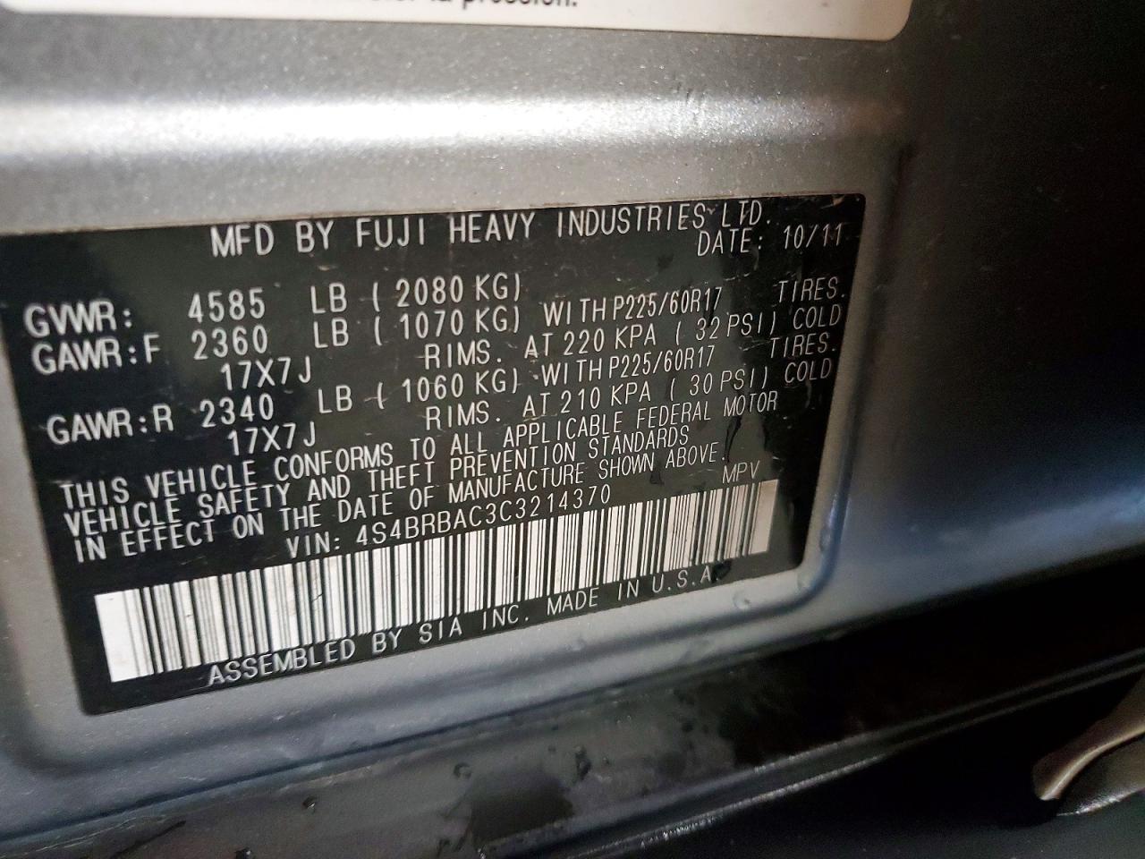 2012 Subaru Outback 2.5i Silver vin: 4S4BRBAC3C3214370