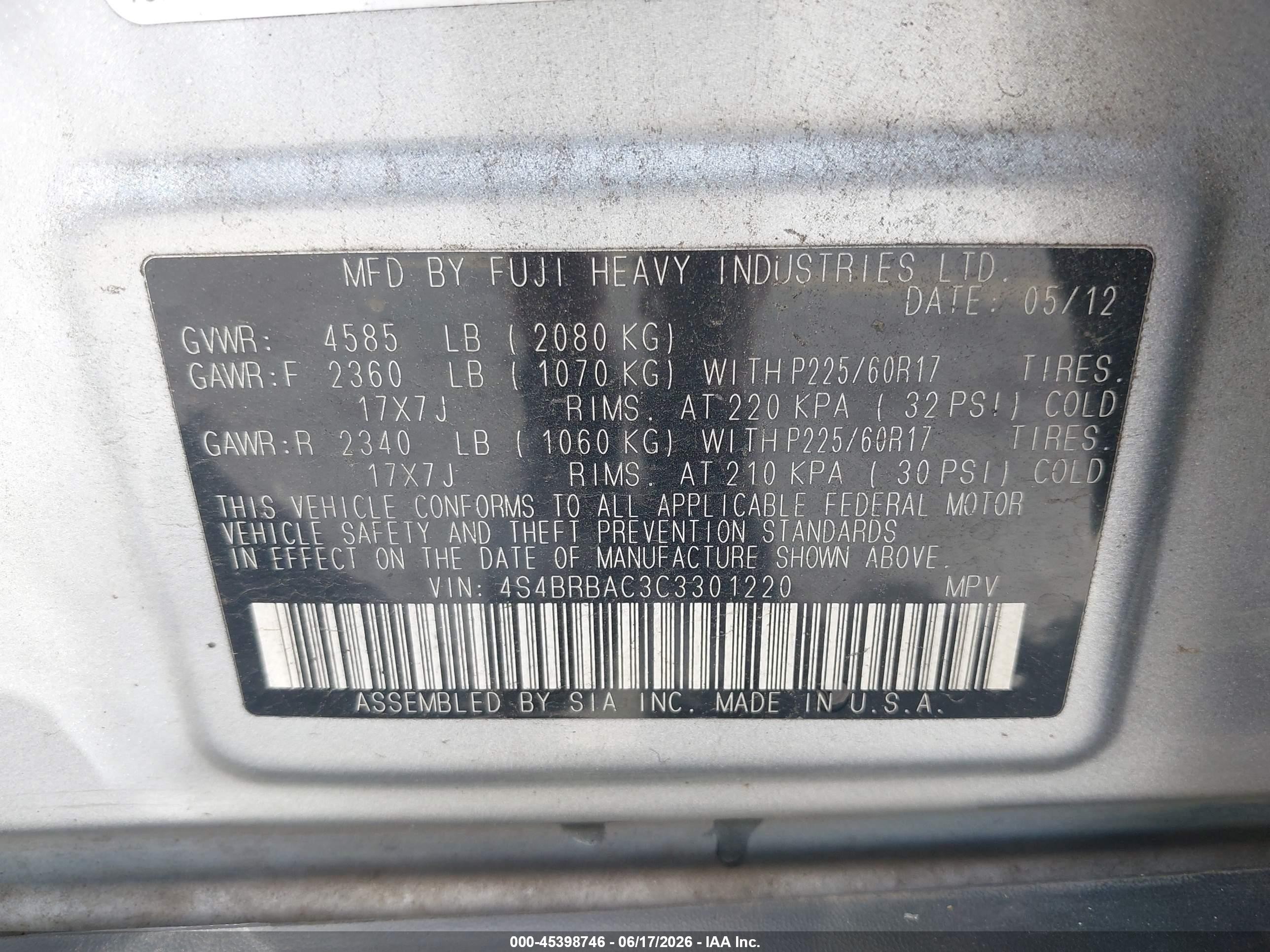 2012 Subaru Outback 2.5i Silver vin: 4S4BRBAC3C3301220