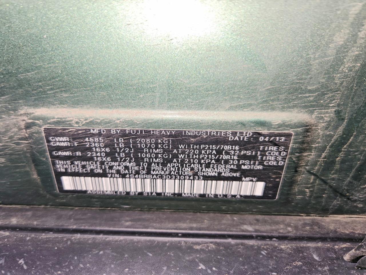 2013 Subaru Outback 2.5i Green vin: 4S4BRBAC3D3309433