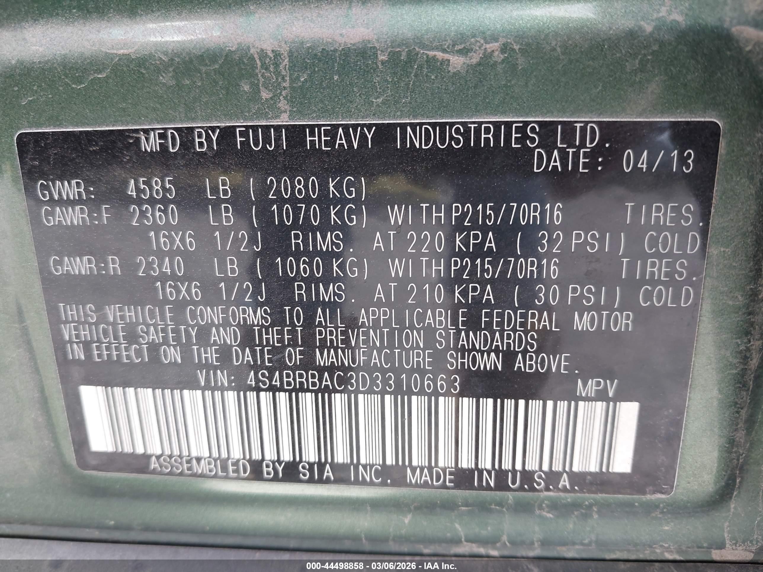 2013 Subaru Outback 2.5i Green vin: 4S4BRBAC3D3310663