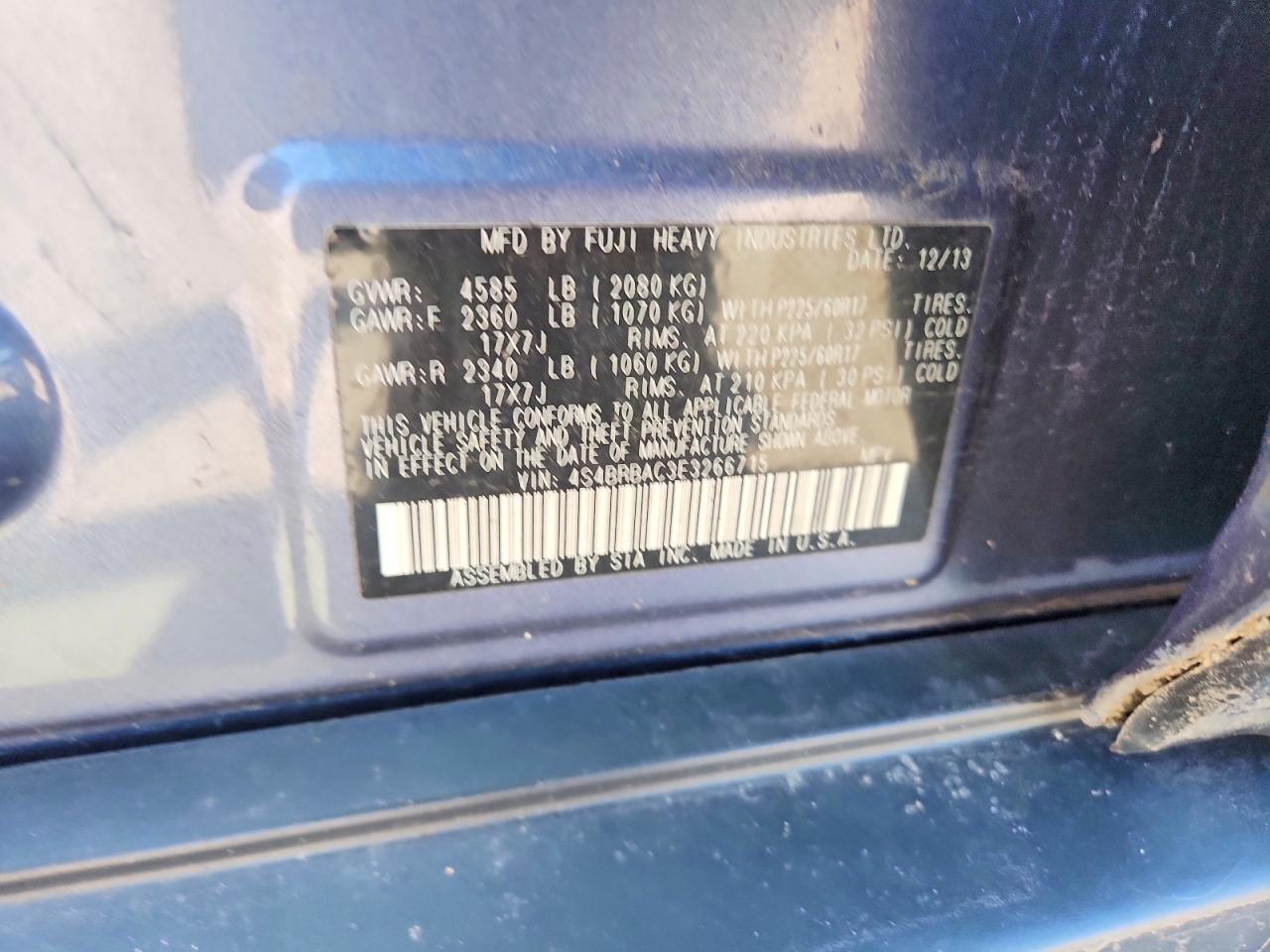 2014 Subaru Outback 2.5i Blue vin: 4S4BRBAC3E3266715