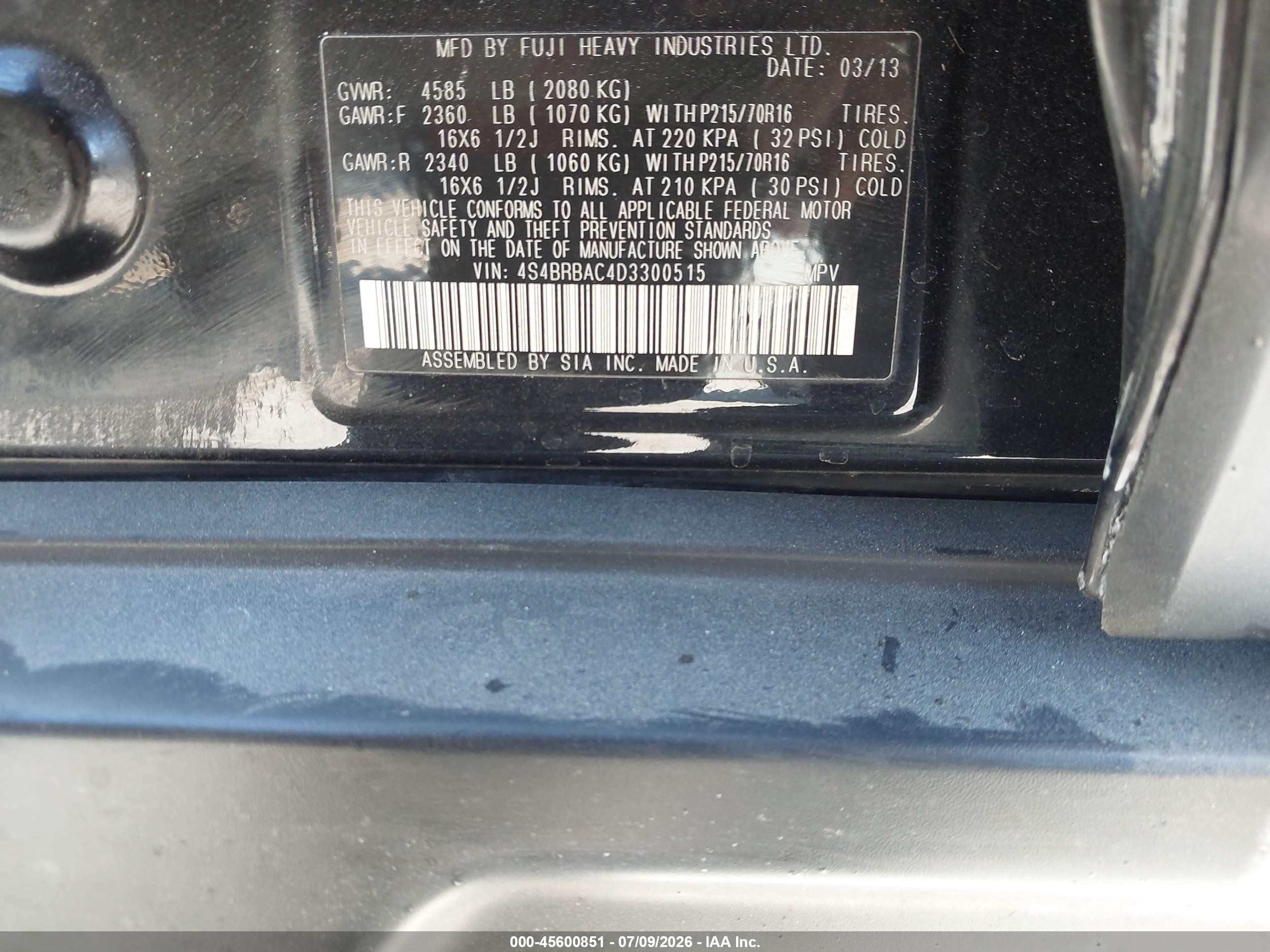 2013 Subaru Outback 2.5i Черный vin: 4S4BRBAC4D3300515