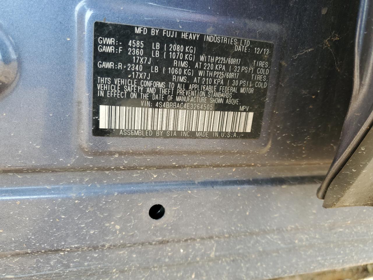 2014 Subaru Outback 2.5i Blue vin: 4S4BRBAC4E3264505