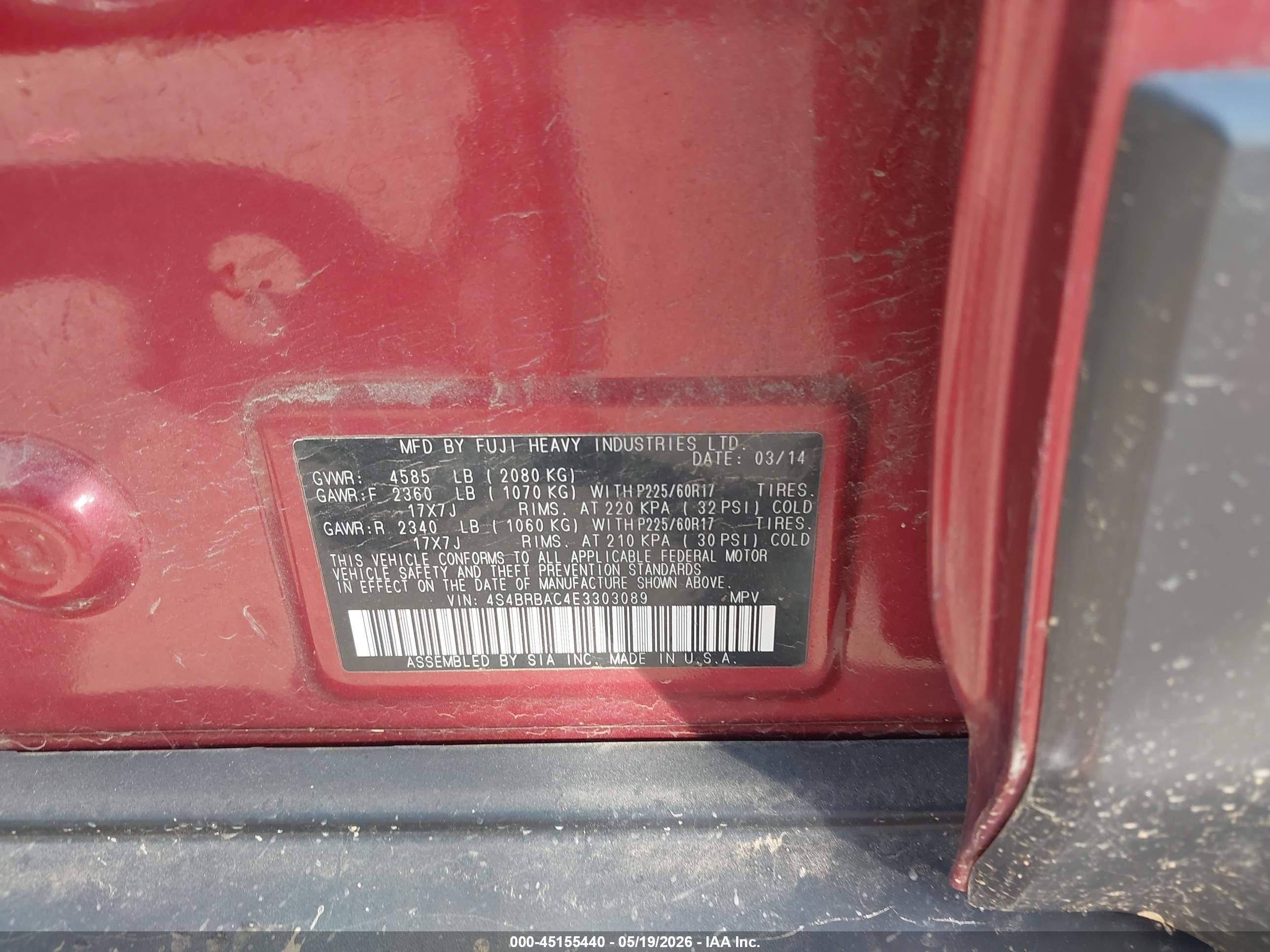 2014 Subaru Outback 2.5i Красный vin: 4S4BRBAC4E3303089