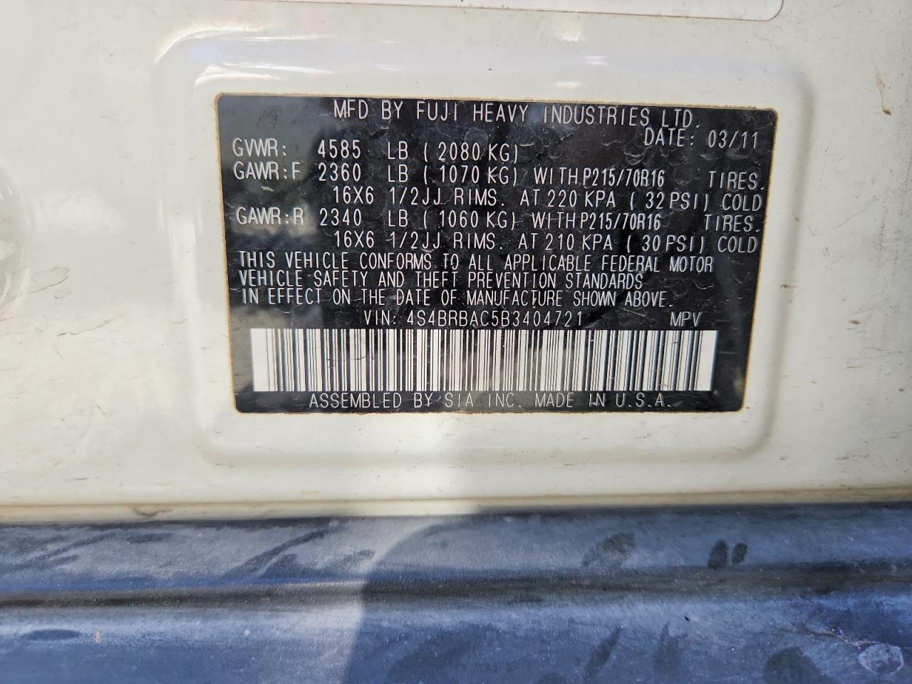 2011 Subaru Outback 2.5i Белый vin: 4S4BRBAC5B3404721