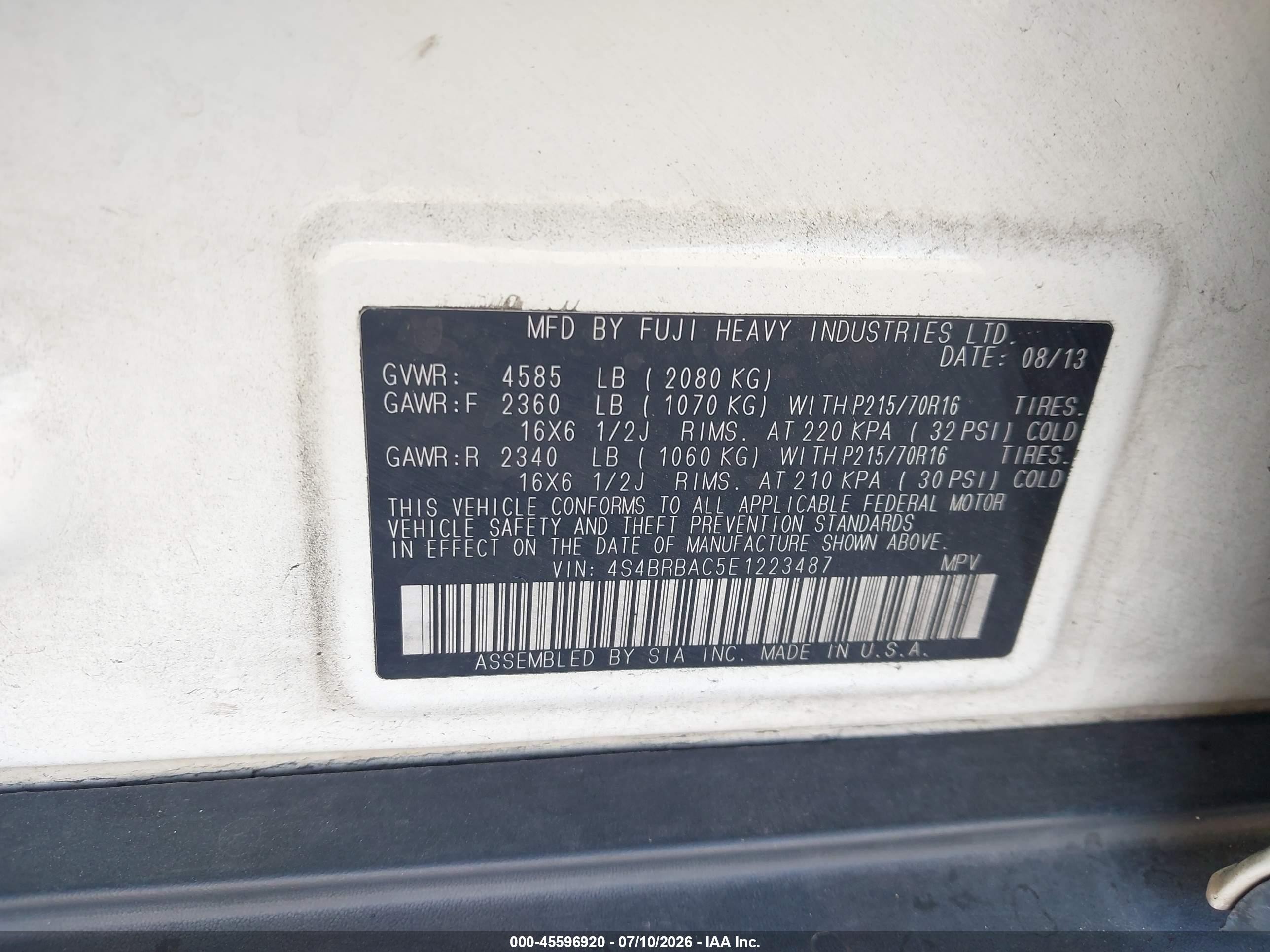 2014 Subaru Outback 2.5i White vin: 4S4BRBAC5E1223487