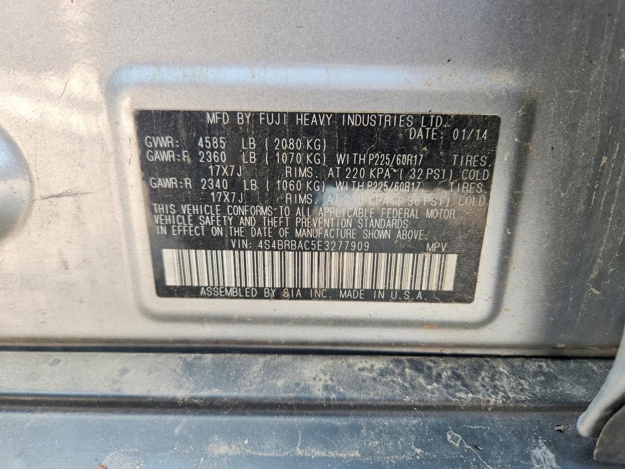2014 Subaru Outback 2.5i Gray vin: 4S4BRBAC5E3277909
