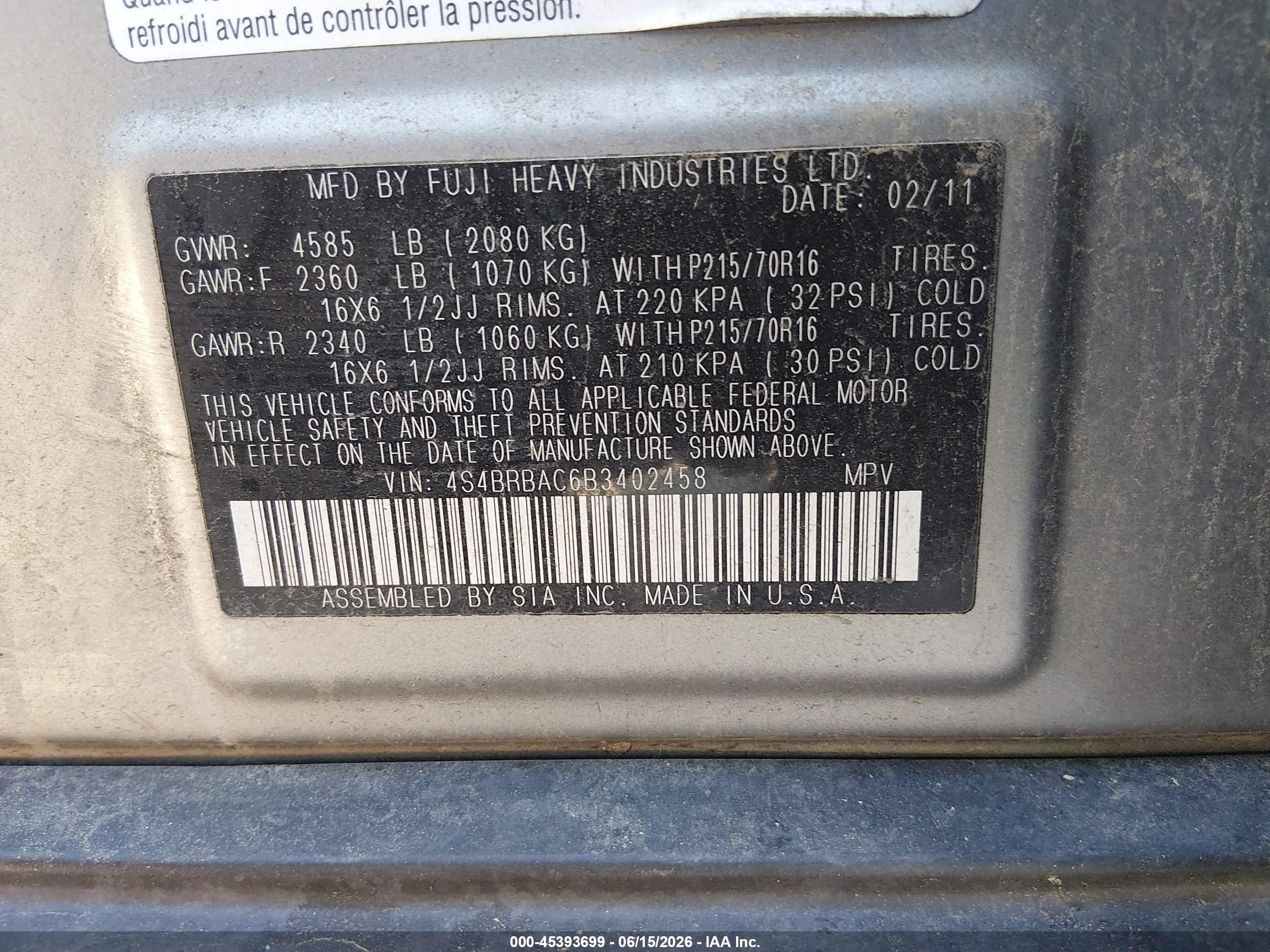 2011 Subaru Outback 2.5i Silver vin: 4S4BRBAC6B3402458
