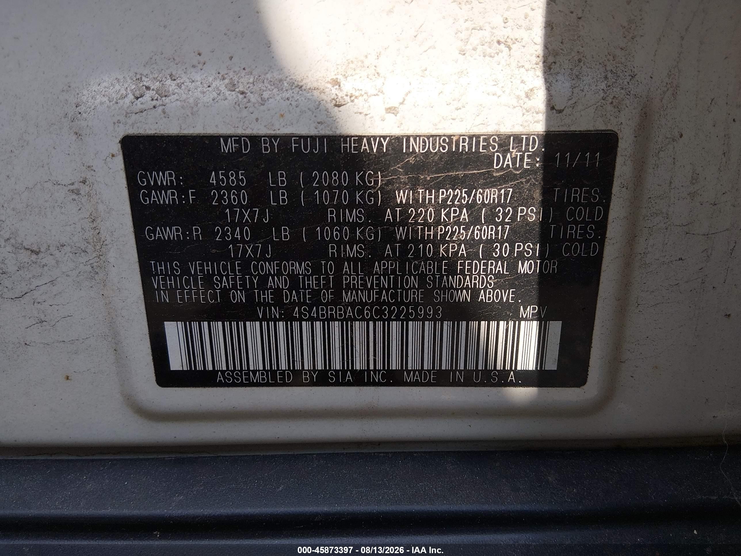 2012 Subaru Outback 2.5i White vin: 4S4BRBAC6C3225993