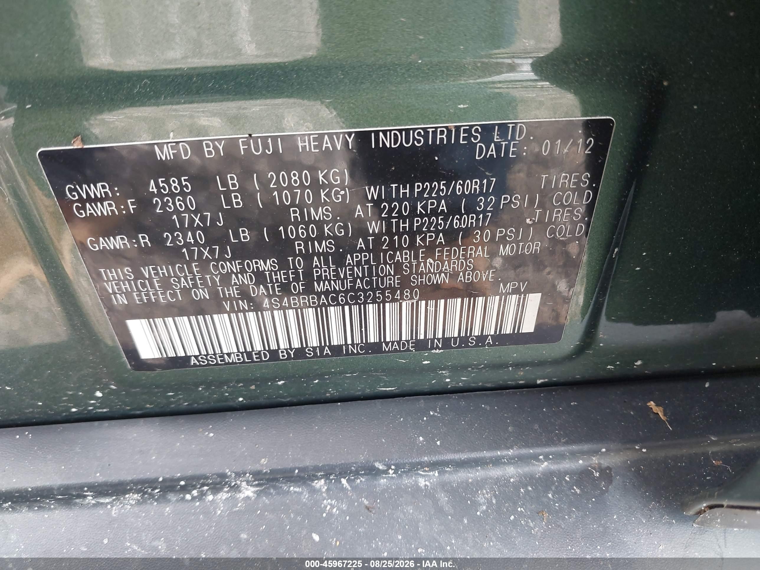 2012 Subaru Outback 2.5i Green vin: 4S4BRBAC6C3255480