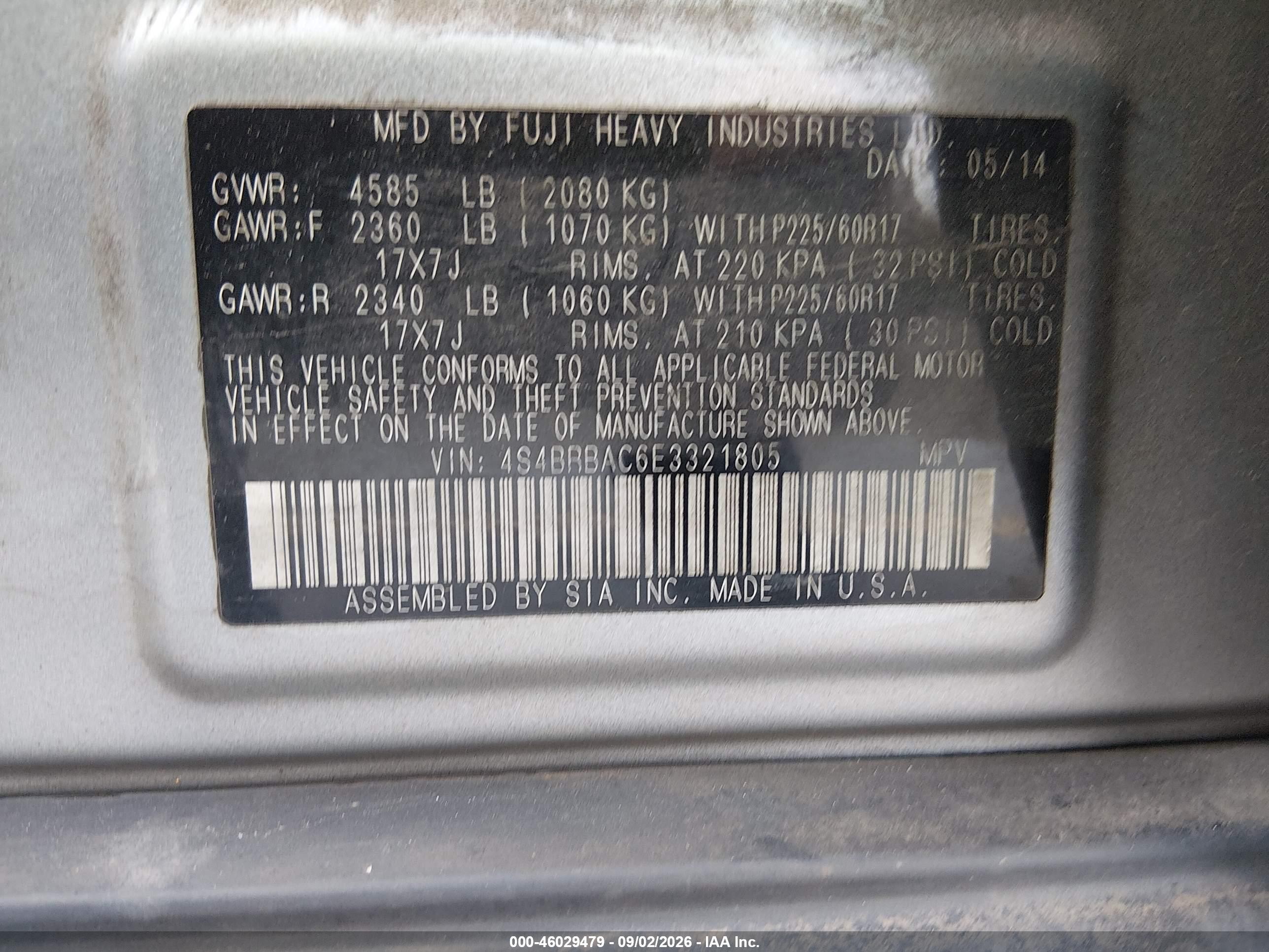 2014 Subaru Outback 2.5i Silver vin: 4S4BRBAC6E3321805