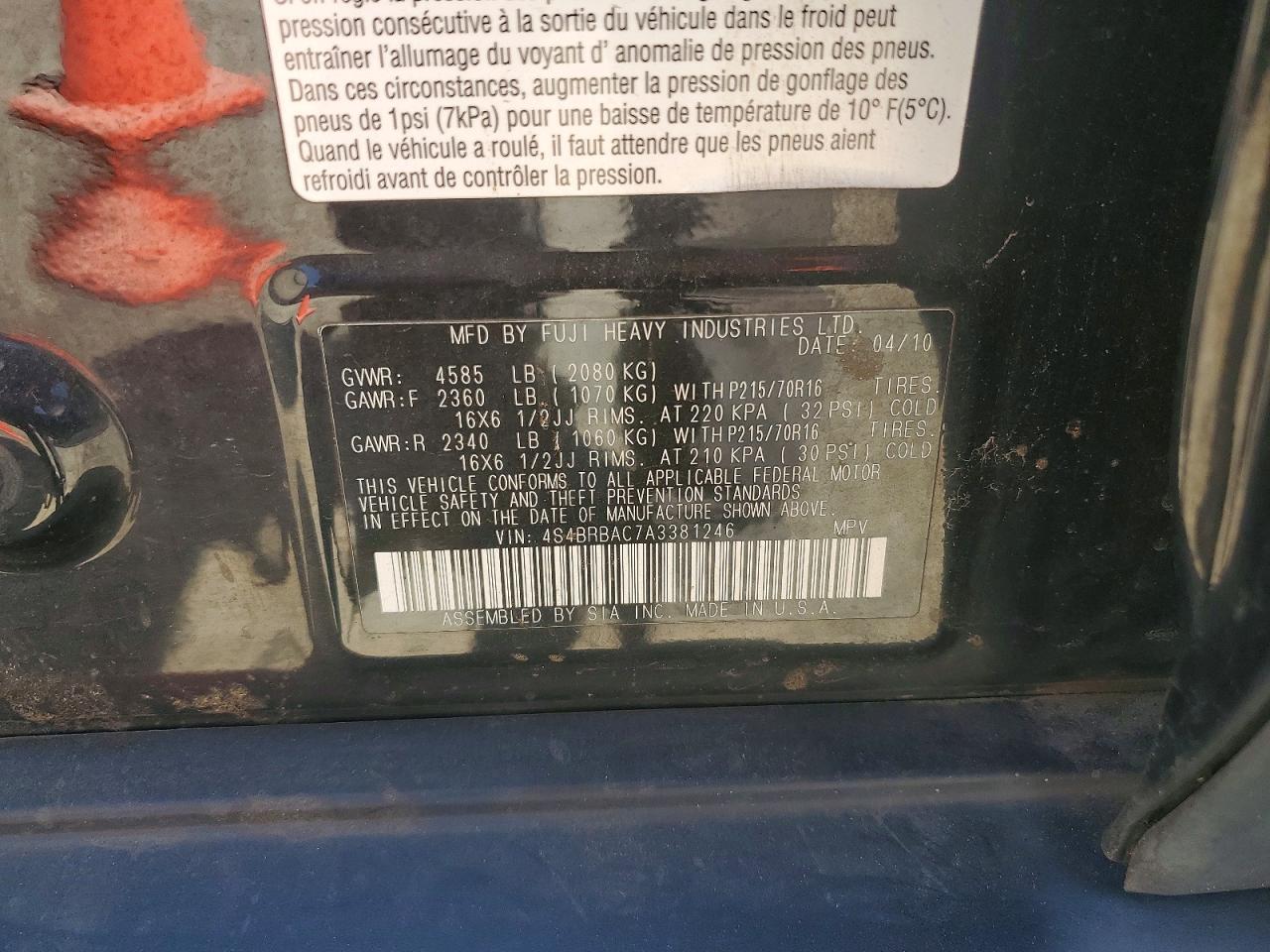 2010 Subaru Outback 2.5i Black vin: 4S4BRBAC7A3381246