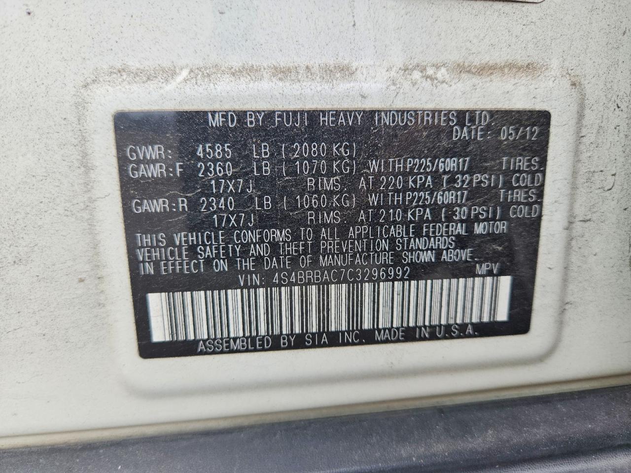 2012 Subaru Outback 2.5i White vin: 4S4BRBAC7C3296992