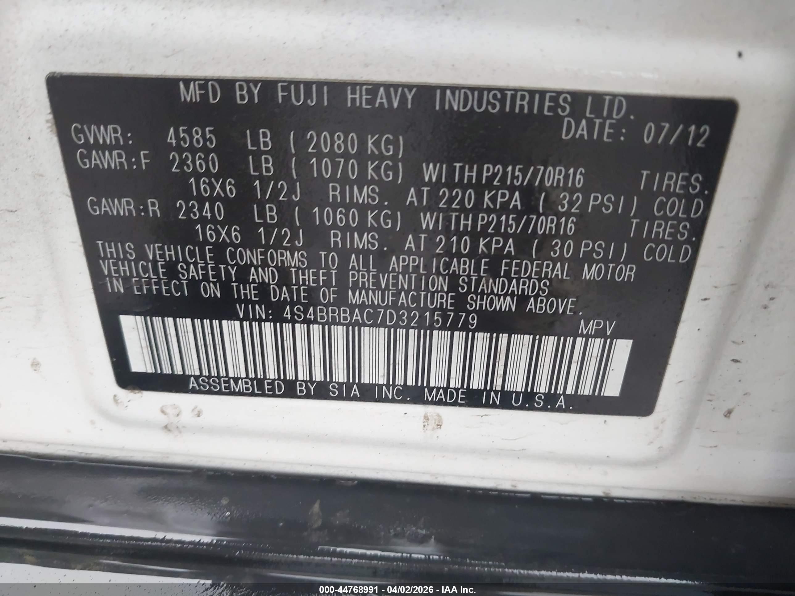 2013 Subaru Outback 2.5i White vin: 4S4BRBAC7D3215779