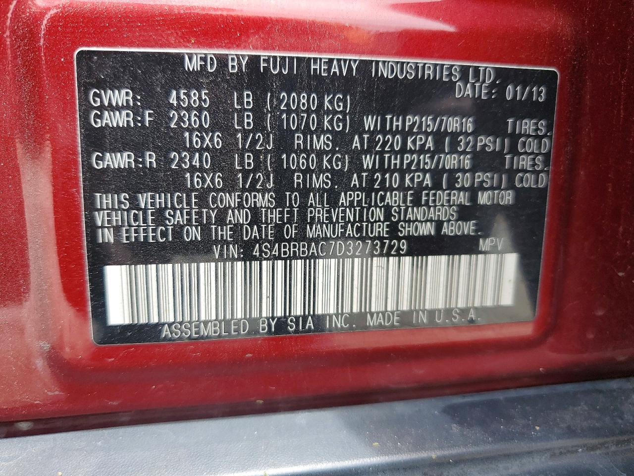 2013 Subaru Outback 2.5i Red vin: 4S4BRBAC7D3273729
