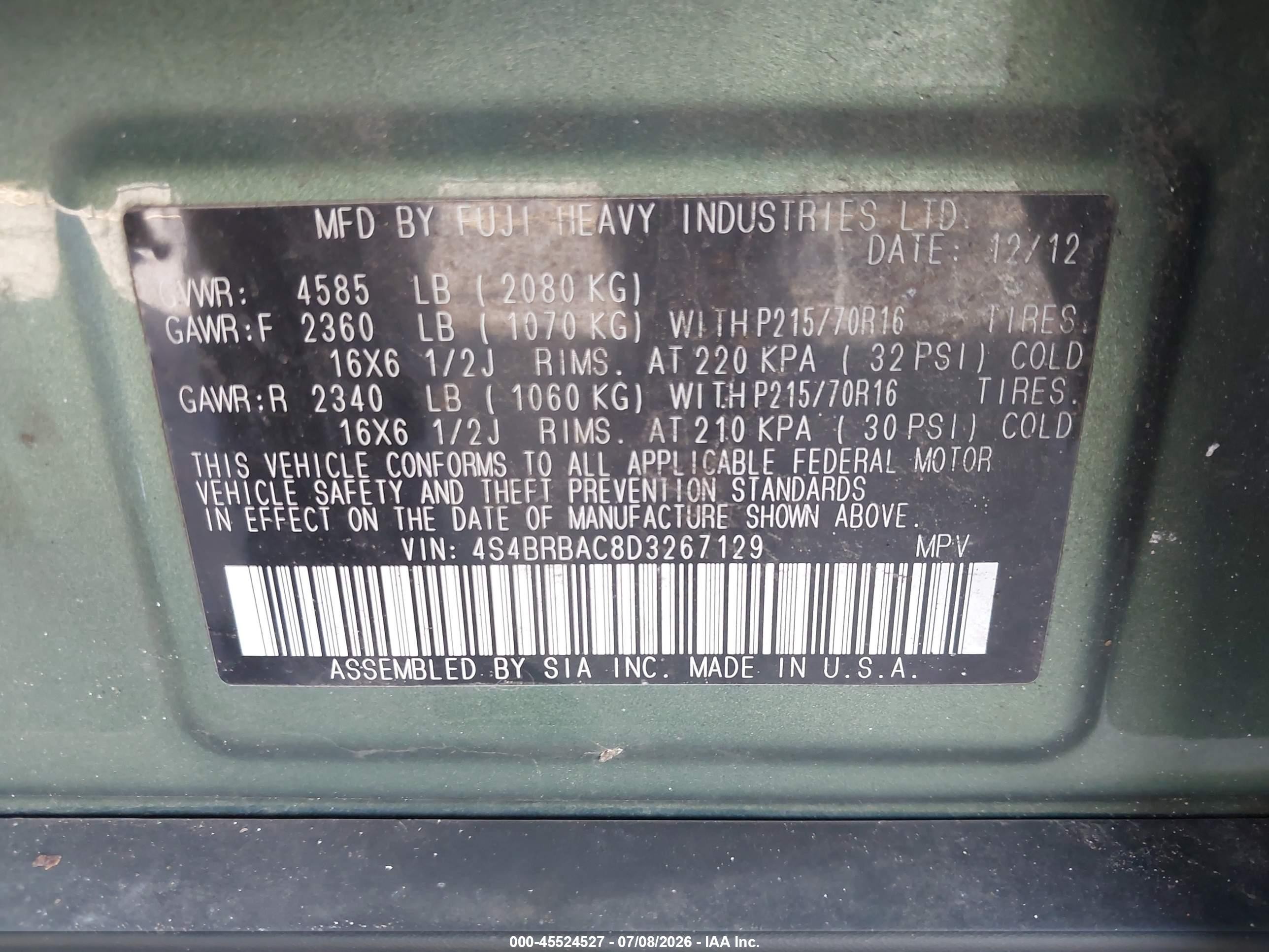 2013 Subaru Outback 2.5i Green vin: 4S4BRBAC8D3267129