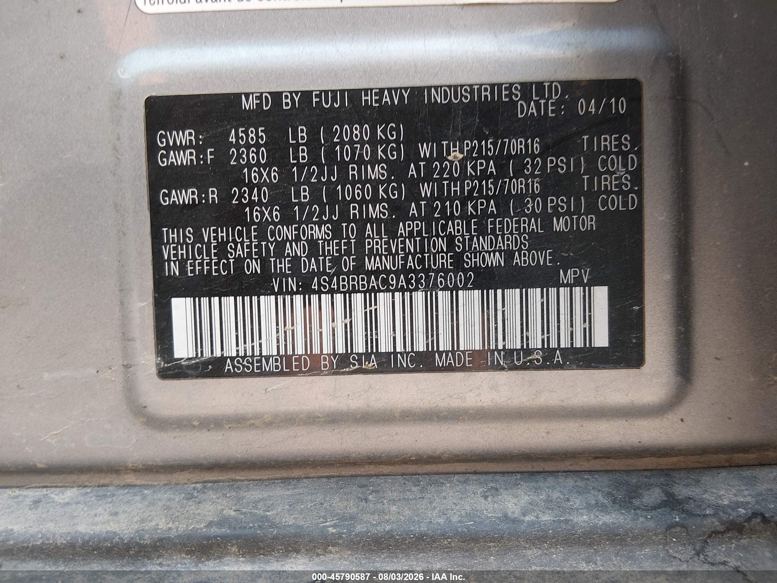 2010 Subaru Outback 2.5i Gray vin: 4S4BRBAC9A3376002
