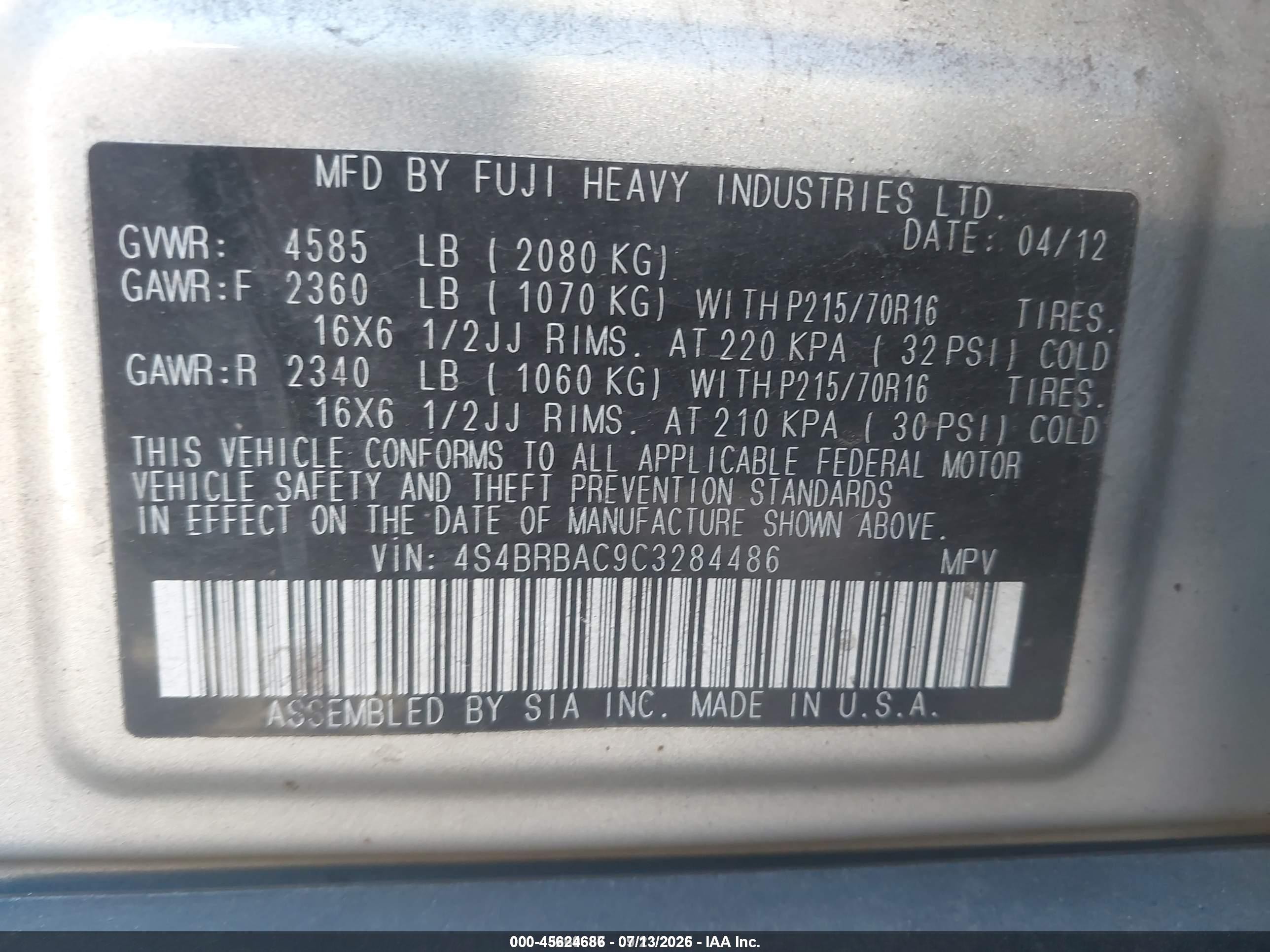 2012 Subaru Outback 2.5i Silver vin: 4S4BRBAC9C3284486