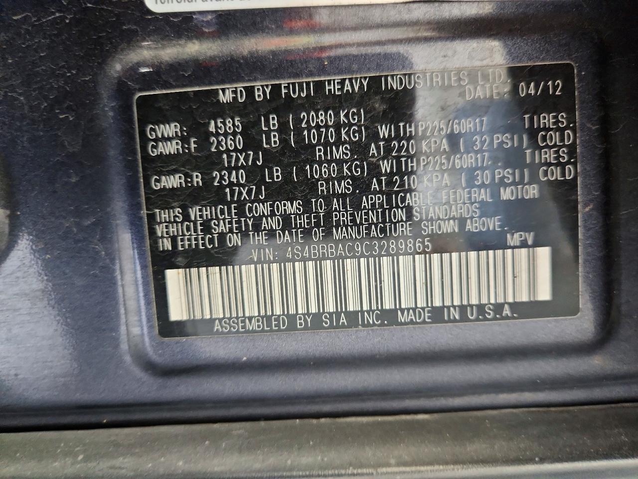 2012 Subaru Outback 2.5i Charcoal vin: 4S4BRBAC9C3289865