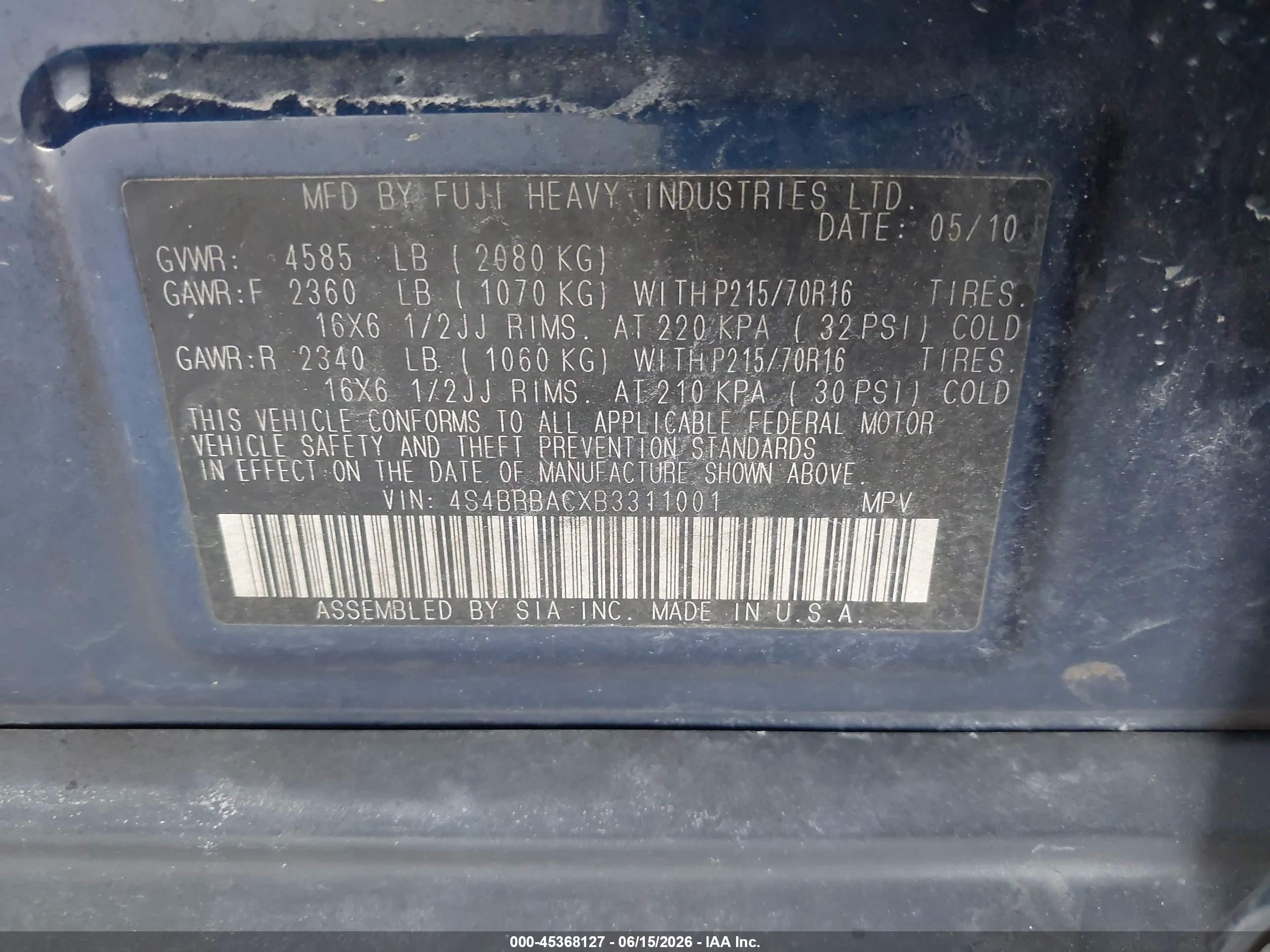 2011 Subaru Outback 2.5i Blue vin: 4S4BRBACXB3311001