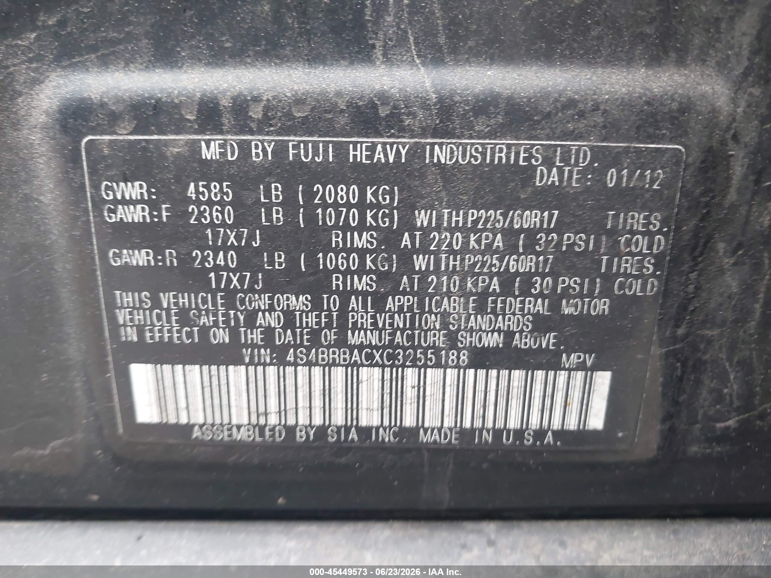 2012 Subaru Outback 2.5i Black vin: 4S4BRBACXC3255188