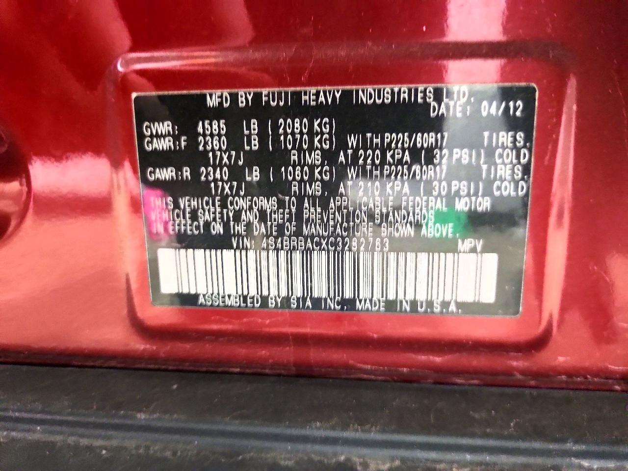 2012 Subaru Outback 2.5i Red vin: 4S4BRBACXC3282763