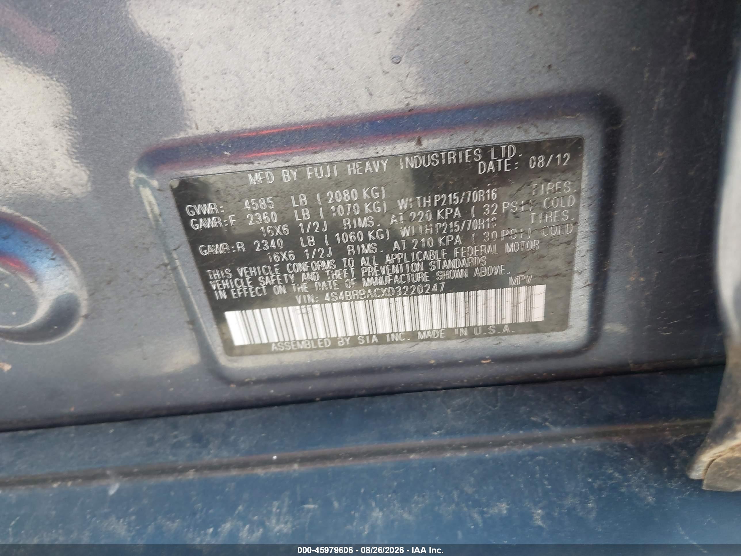 2013 Subaru Outback 2.5i Blue vin: 4S4BRBACXD3220247