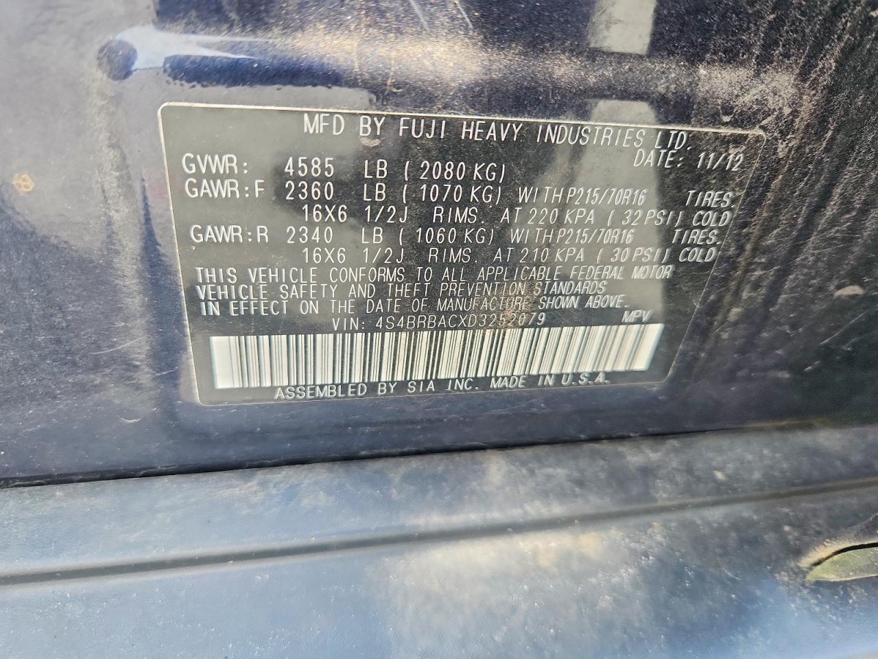 2013 Subaru Outback 2.5i Blue vin: 4S4BRBACXD3252079