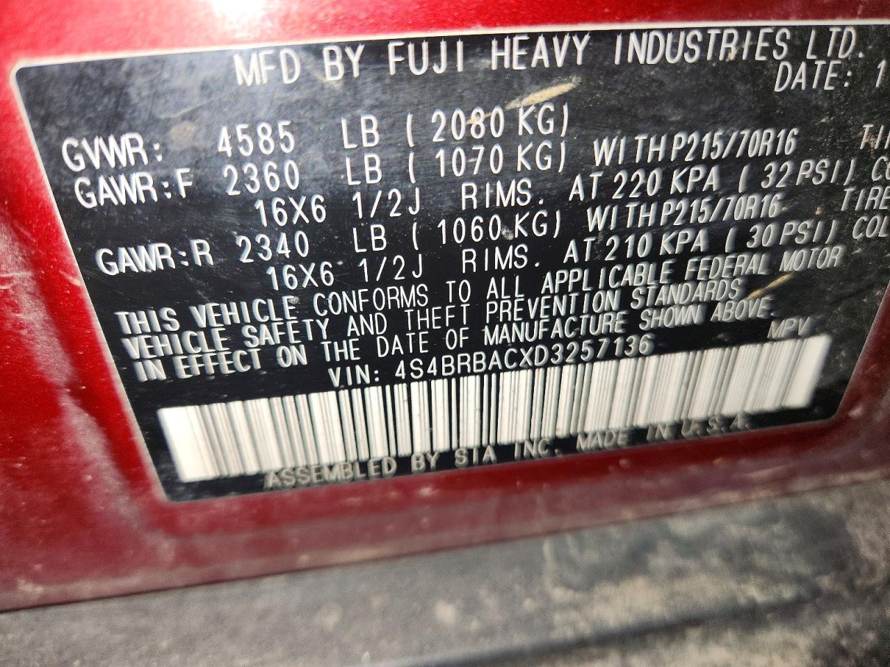 2013 Subaru Outback 2.5i Burgundy vin: 4S4BRBACXD3257136