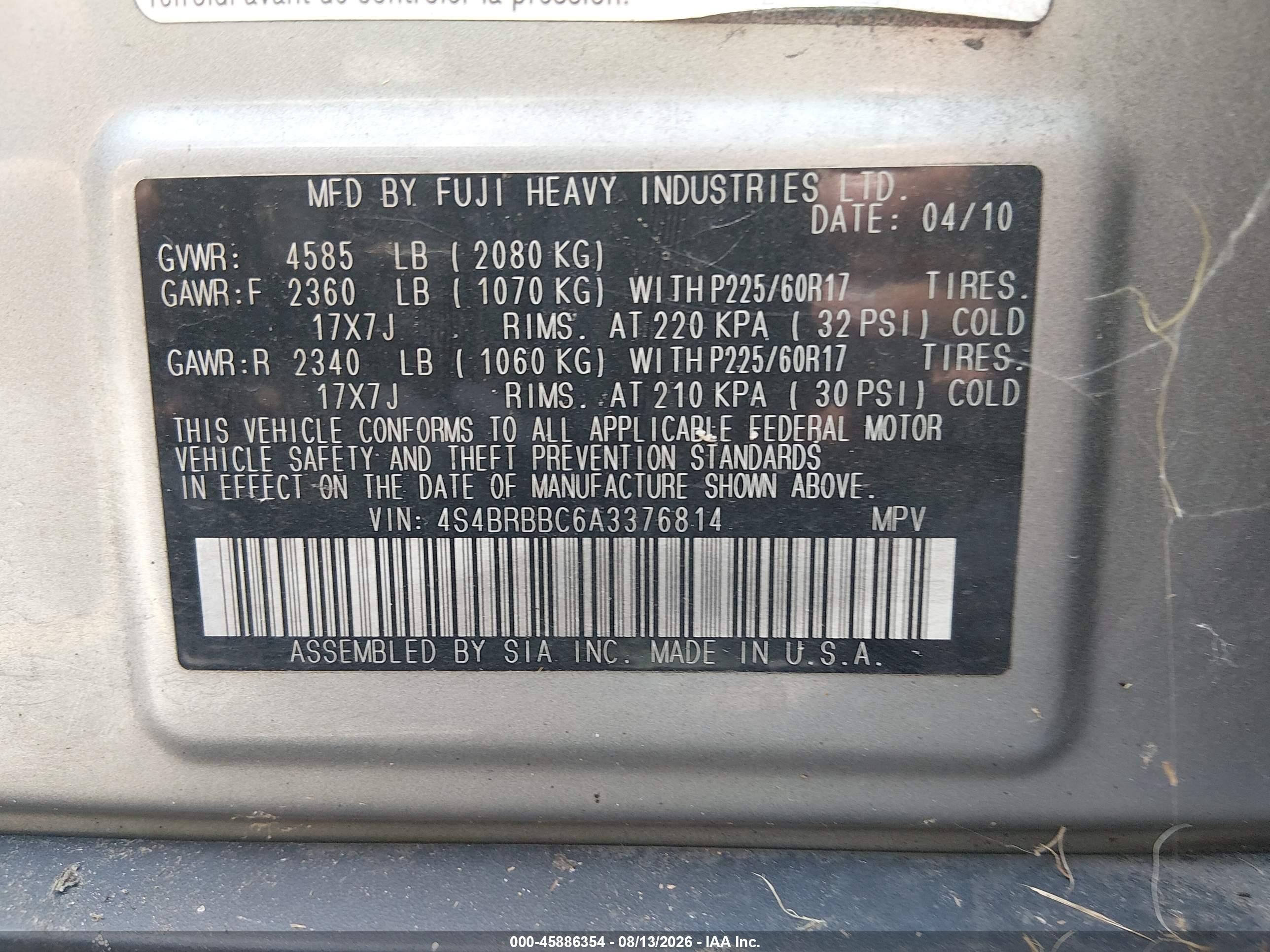 2010 Subaru Outback 2.5i Premium Silver vin: 4S4BRBBC6A3376814