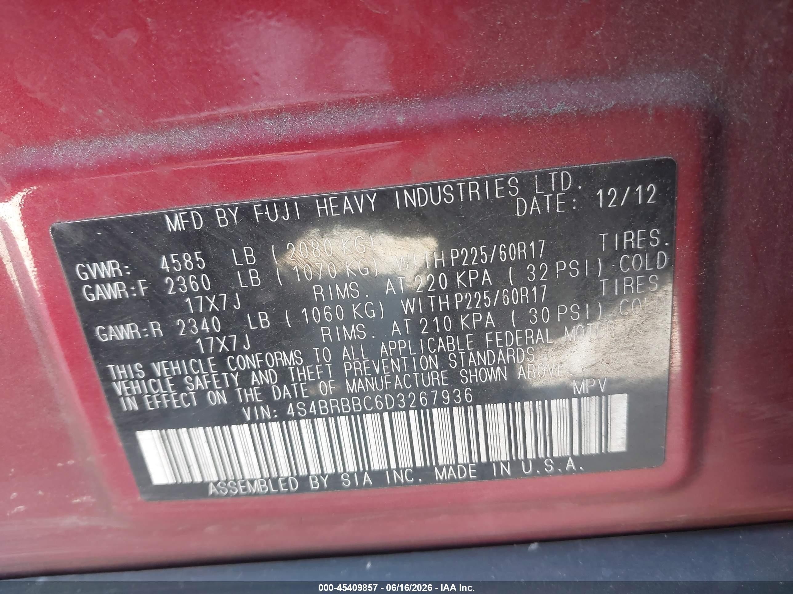 2013 Subaru Outback 2.5i Premium Red vin: 4S4BRBBC6D3267936