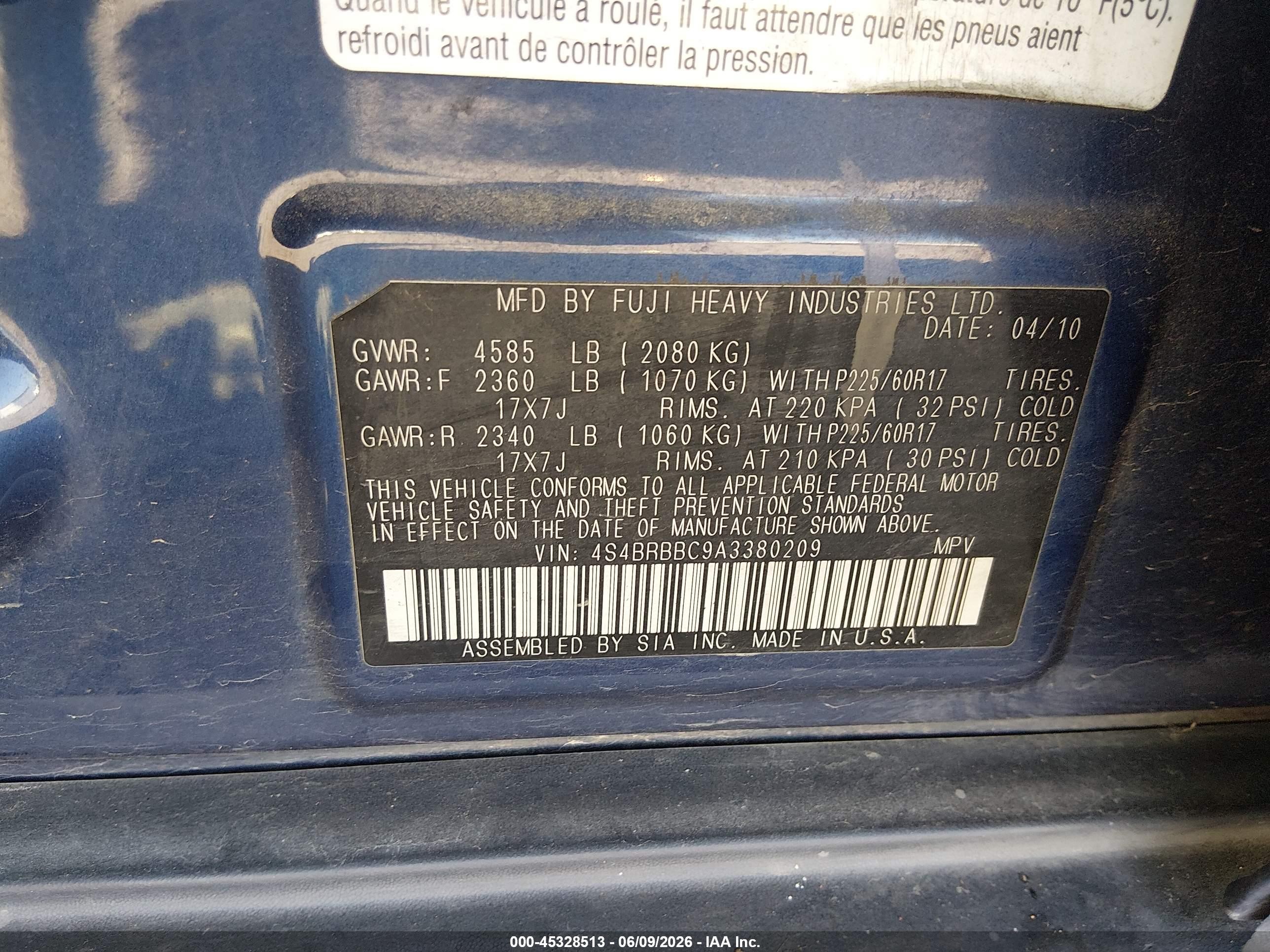 2010 Subaru Outback 2.5i Premium Blue vin: 4S4BRBBC9A3380209
