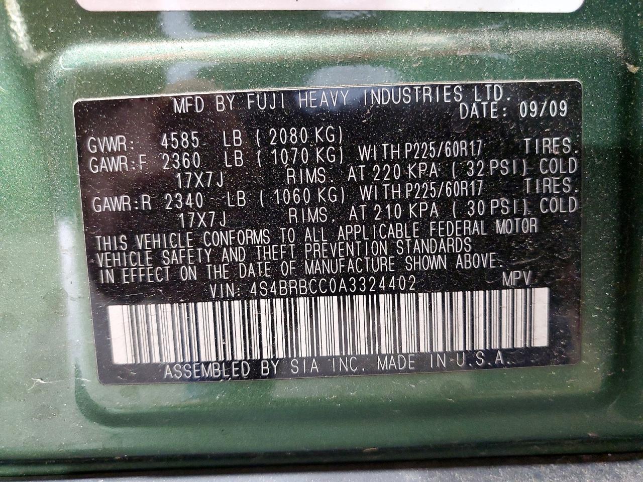 2010 Subaru Outback 2.5i Premium Green vin: 4S4BRBCC0A3324402