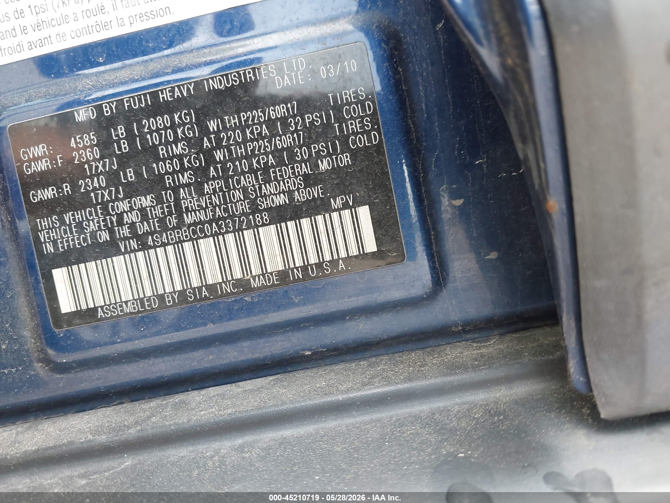2010 Subaru Outback 2.5i Premium Blue vin: 4S4BRBCC0A3372188