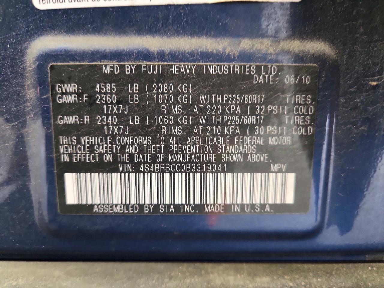 2011 Subaru Outback 2.5i Premium Blue vin: 4S4BRBCC0B3319041