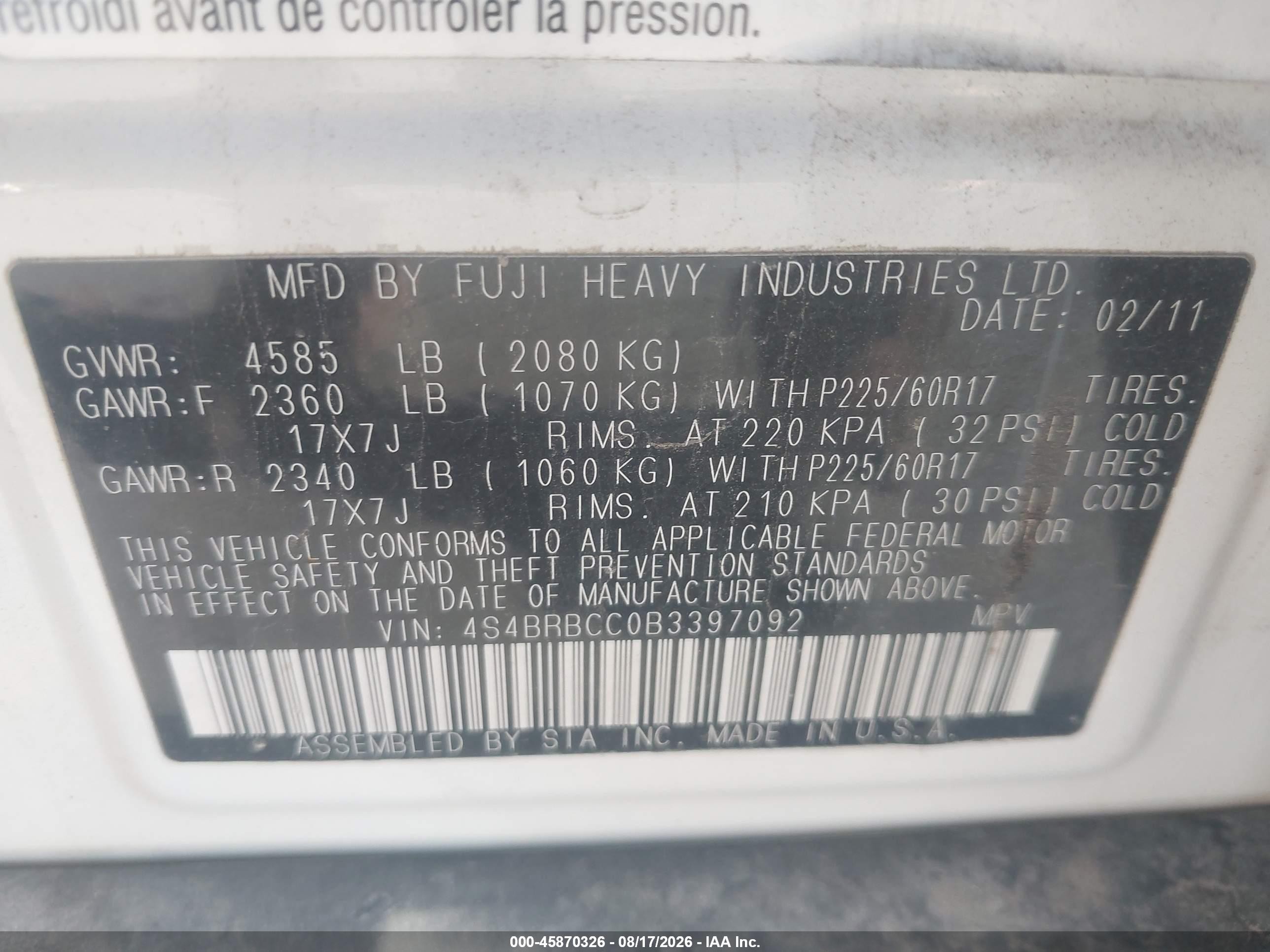 2011 Subaru Outback 2.5i Premium White vin: 4S4BRBCC0B3397092